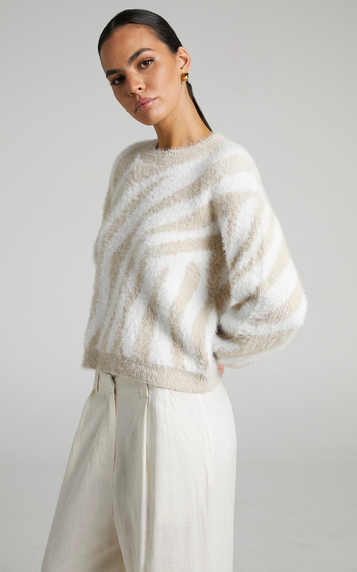 Rheanna Fluffy Zebra Knit Jumper in Beige