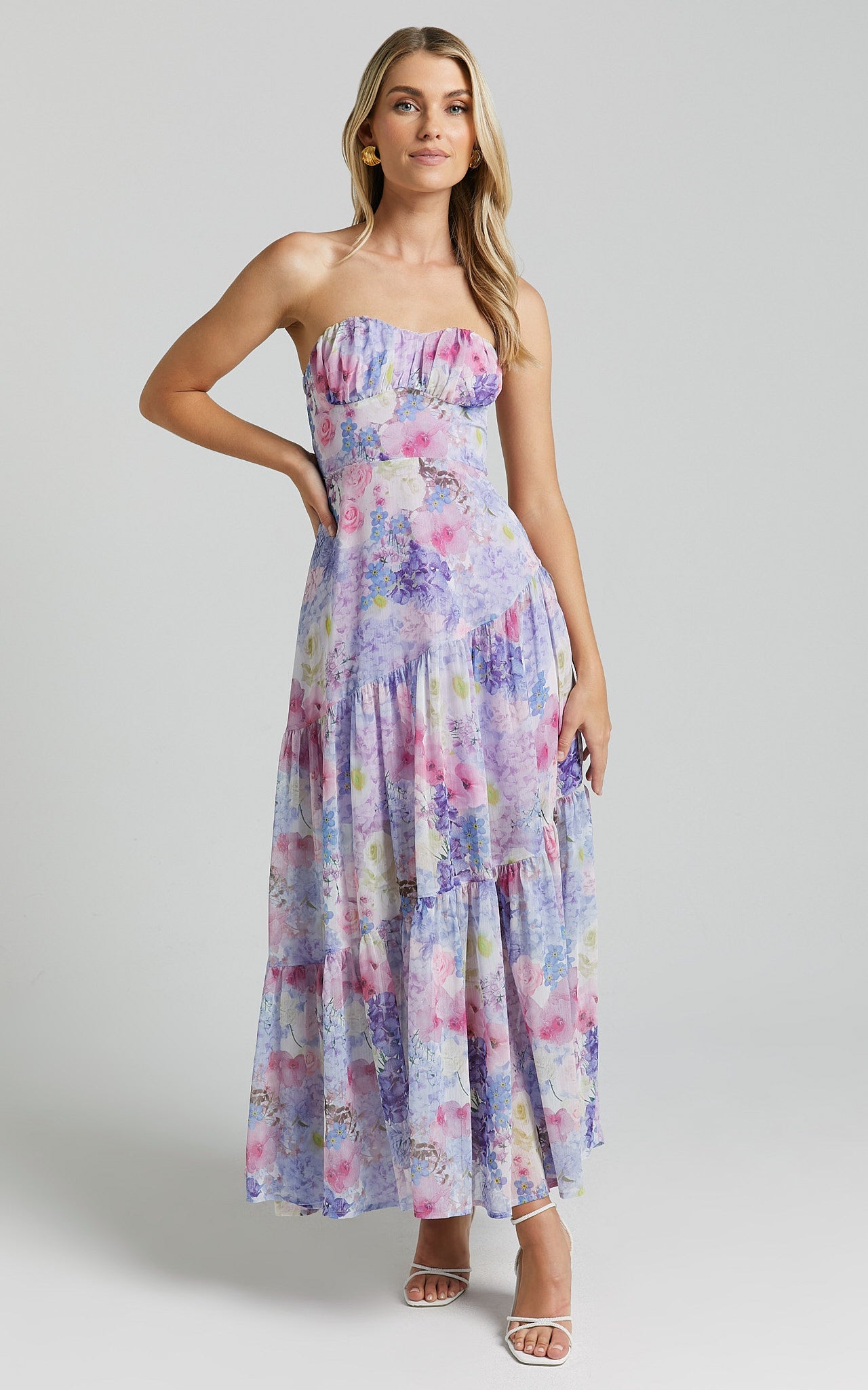 Rheanny Maxi Dress - Sweetheart Strapless Tiered Dress in Pink Purple Floral