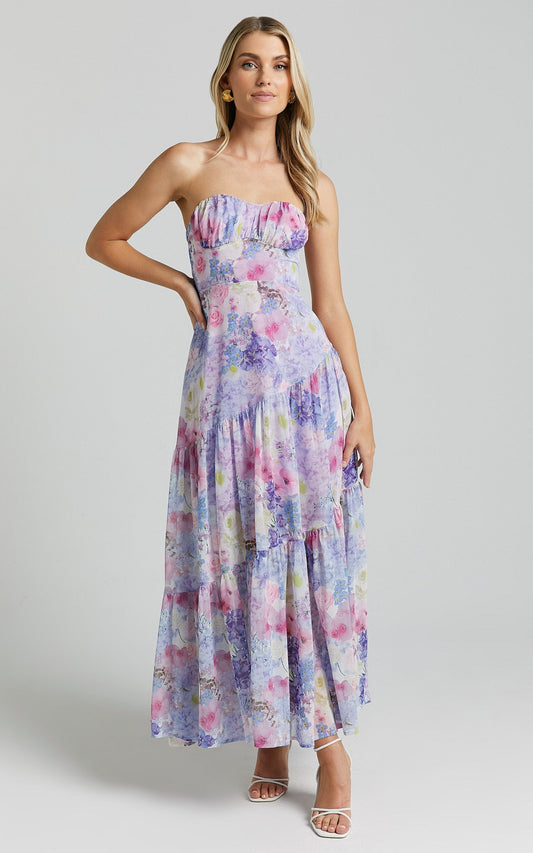 Rheanny Maxi Dress - Sweetheart Strapless Tiered Dress in Pink Purple Floral