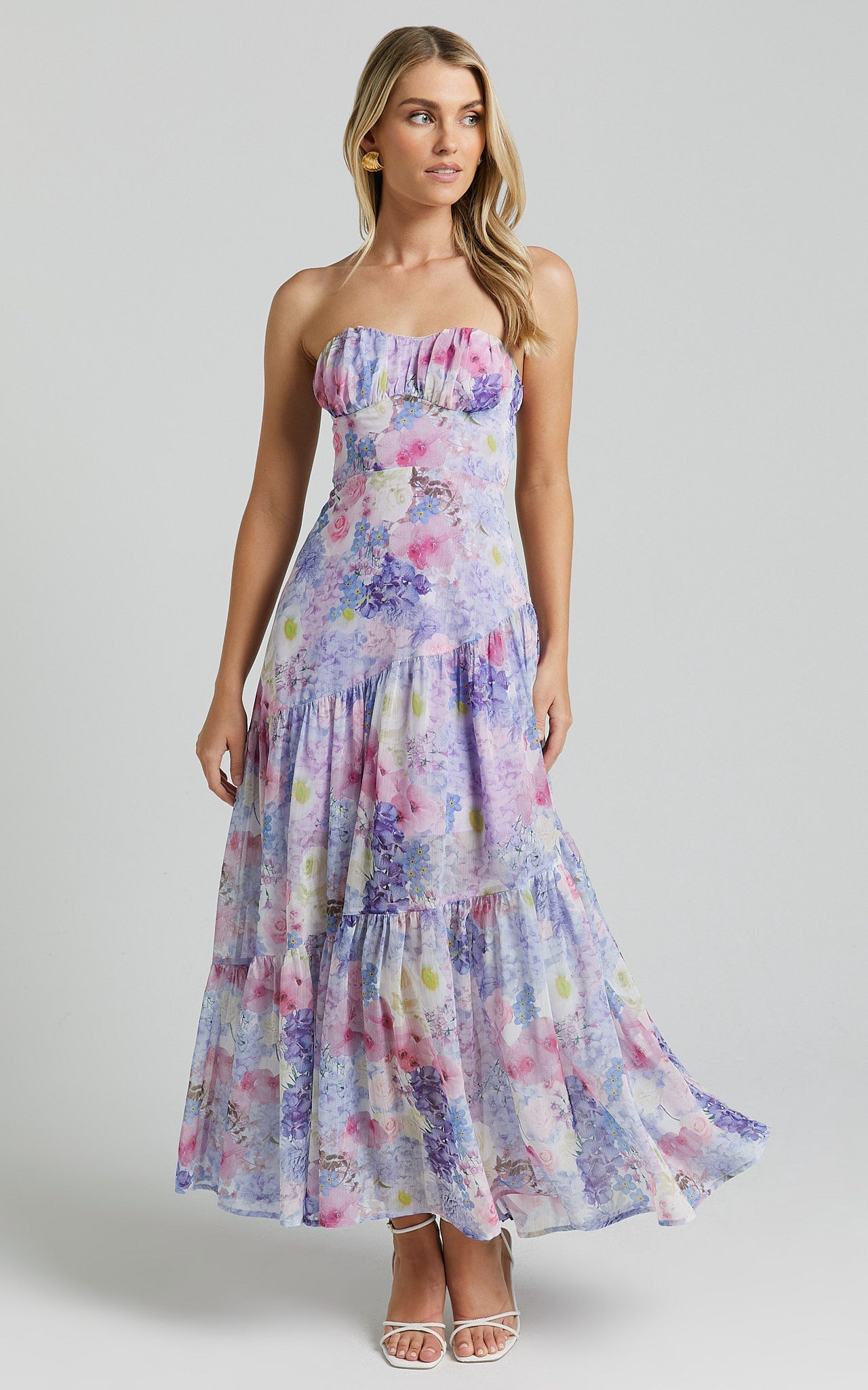 Rheanny Maxi Dress - Sweetheart Strapless Tiered Dress in Pink Purple Floral