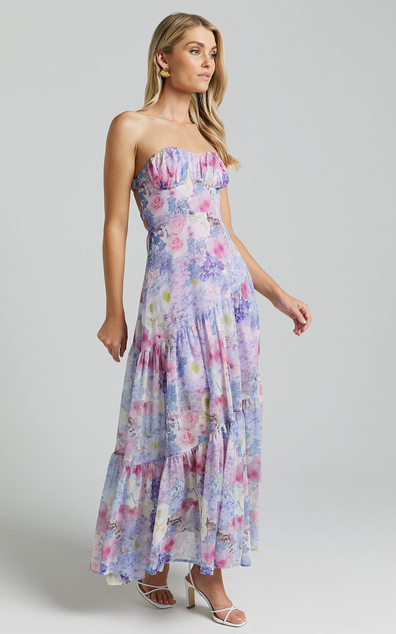 Rheanny Maxi Dress - Sweetheart Strapless Tiered Dress in Pink Purple Floral
