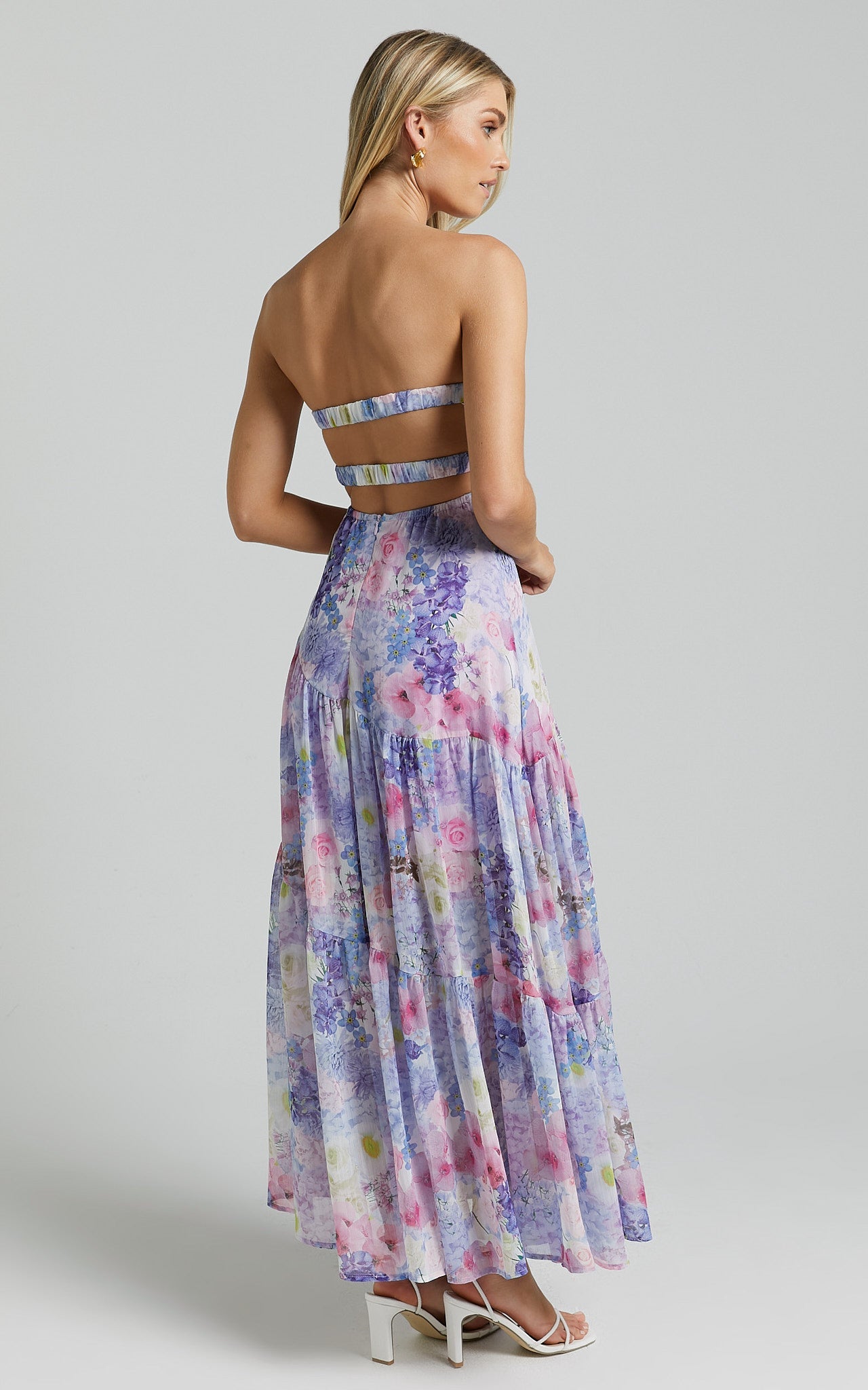 Rheanny Maxi Dress - Sweetheart Strapless Tiered Dress in Pink Purple Floral