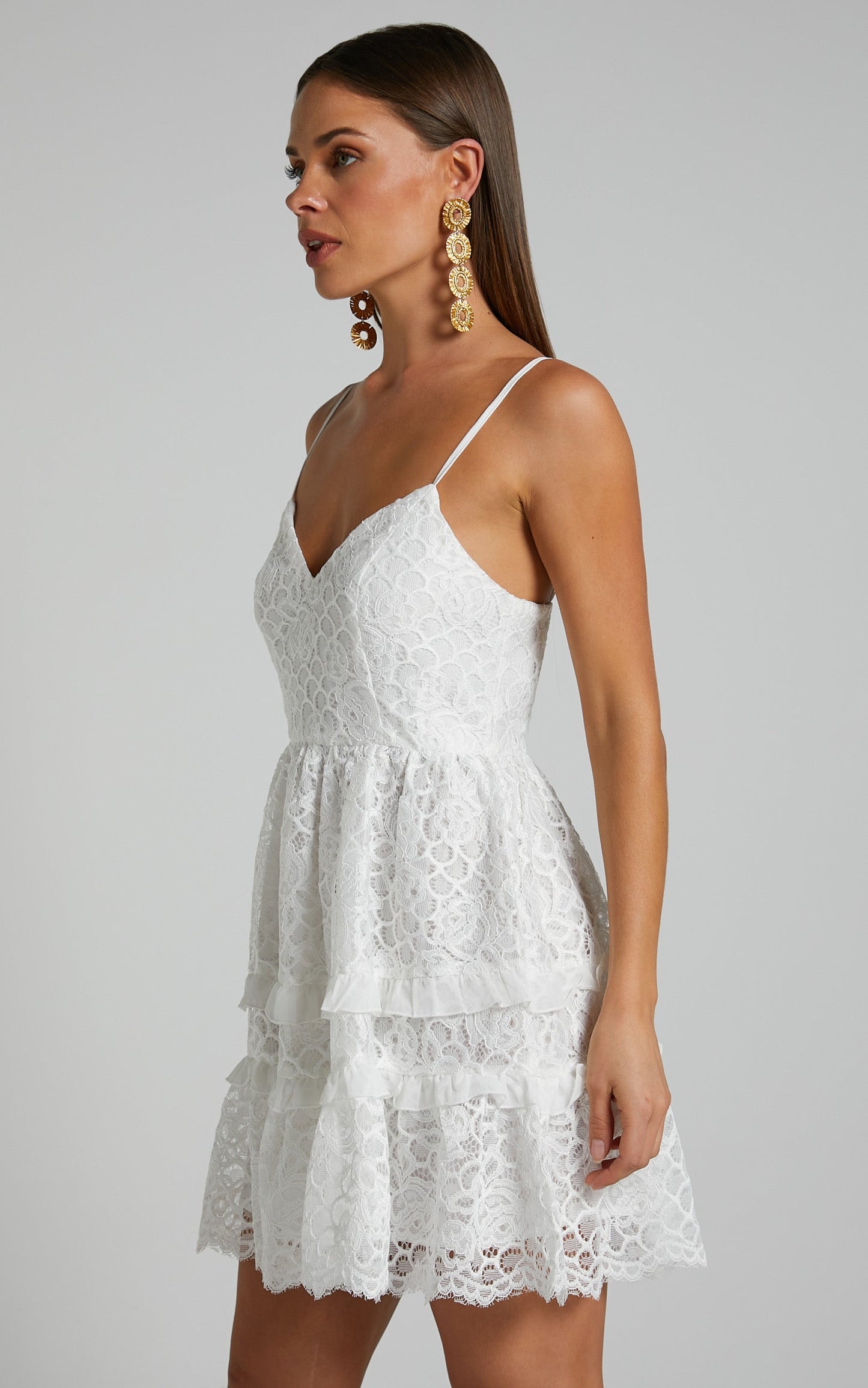 Rhedan Mini Dress - Tiered Lace Dress in White