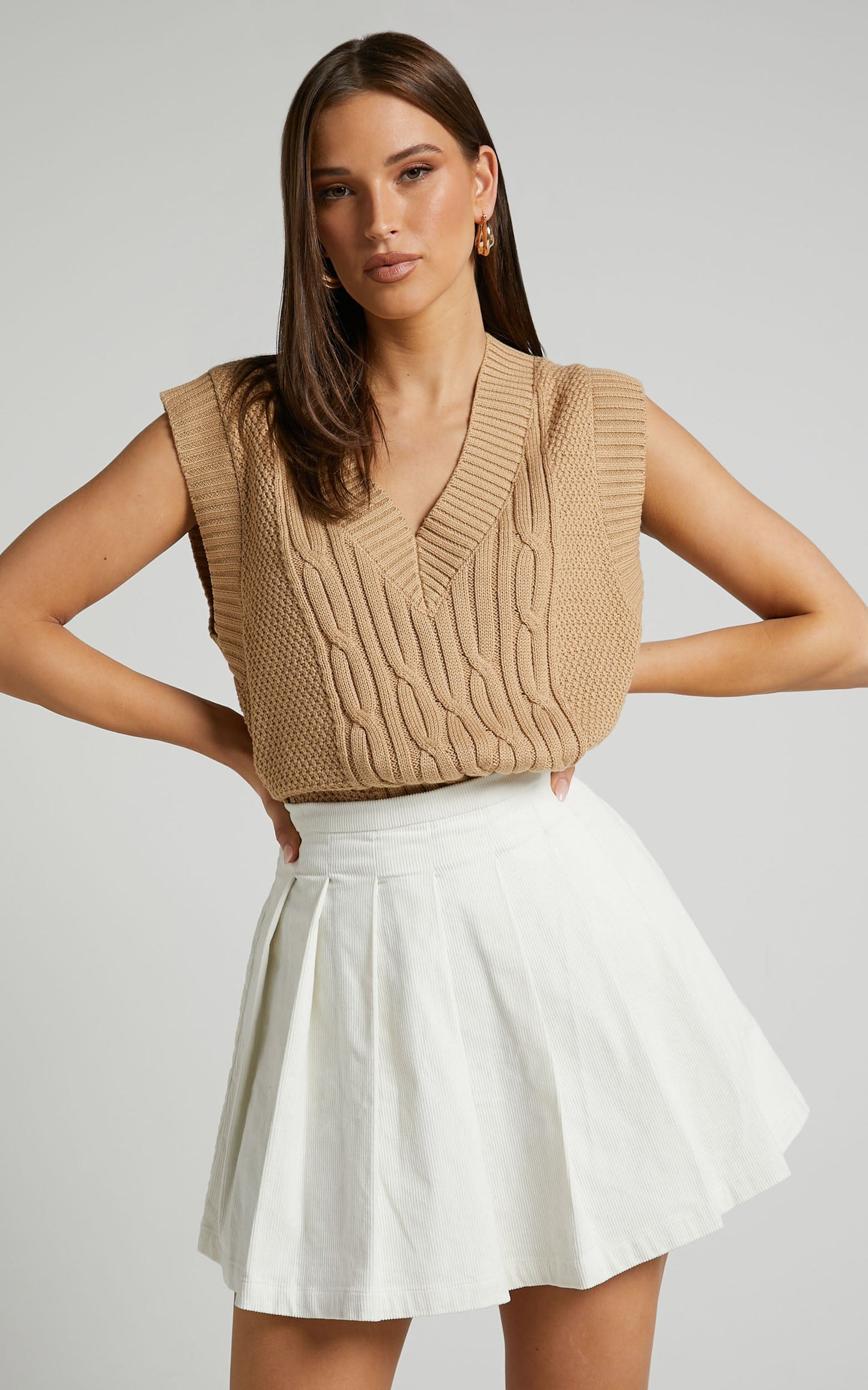 Rhexy Mini Skirt - Pleated Cord Skirt in Ivory