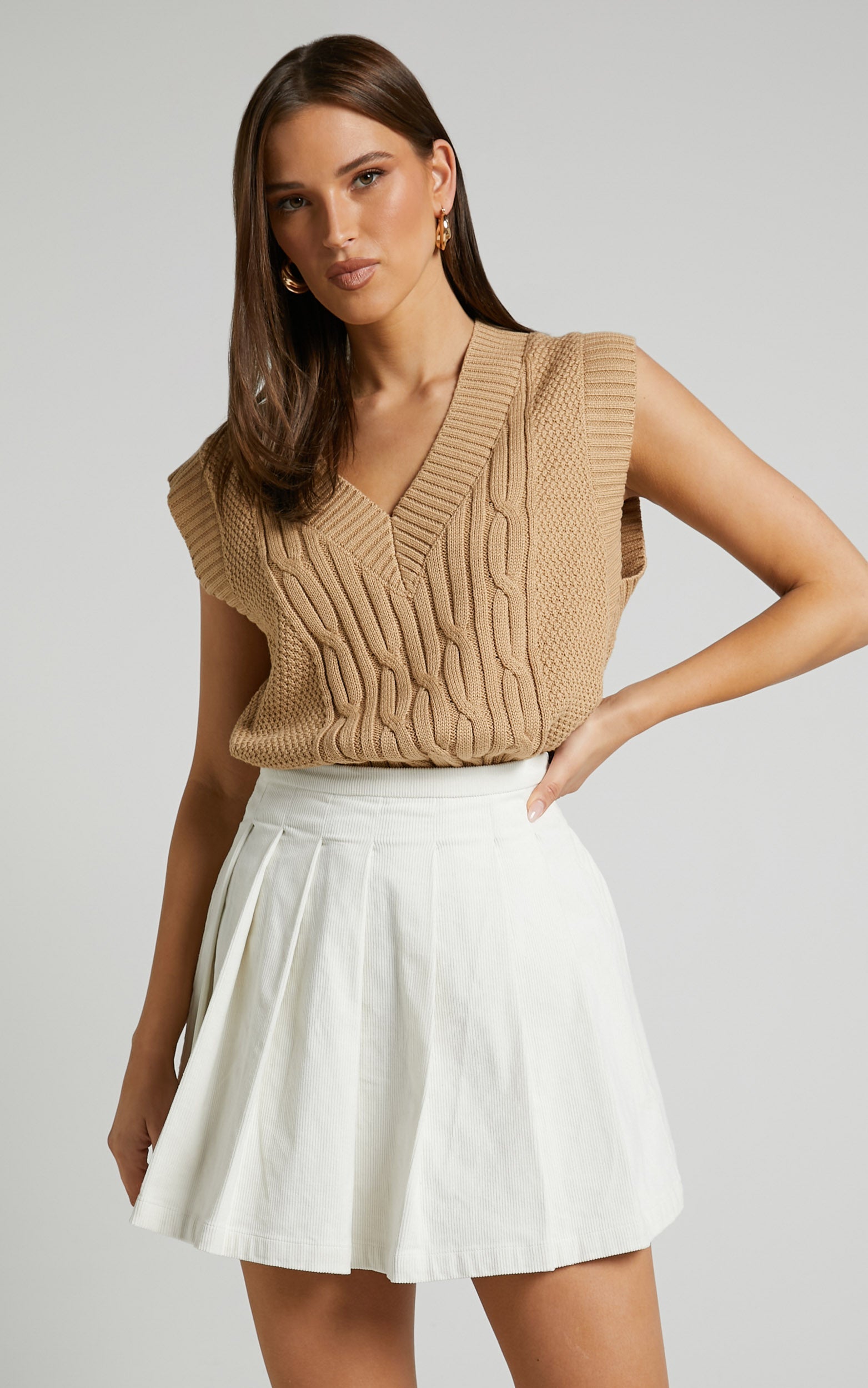 Rhexy Mini Skirt - Pleated Cord Skirt in Ivory