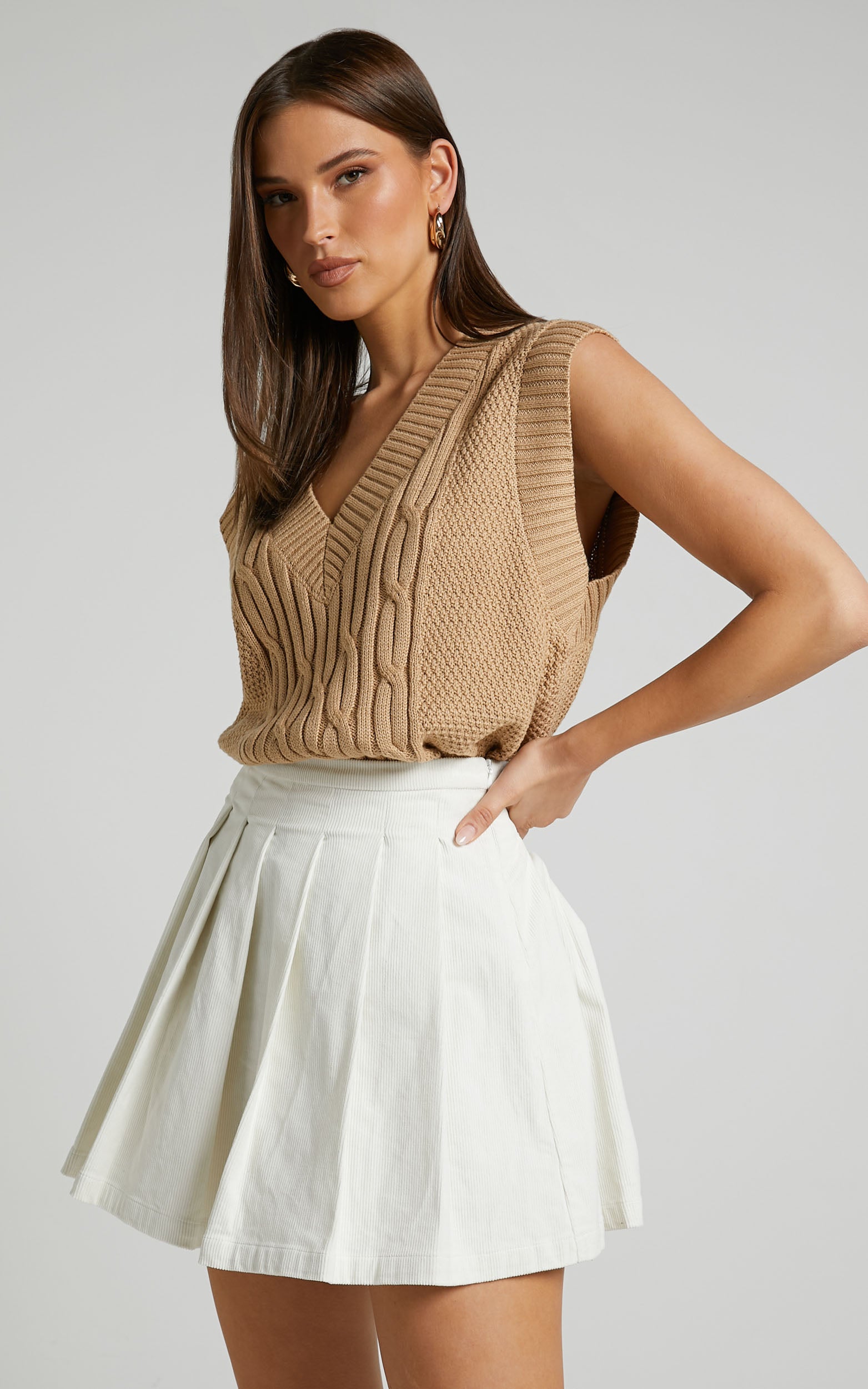 Rhexy Mini Skirt - Pleated Cord Skirt in Ivory