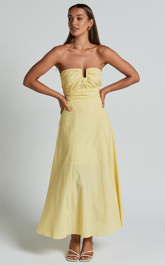 Rhiamay Midi Linen Blend Dress - Strapless Cut Out Front Fit and Flare Dress in Yellow