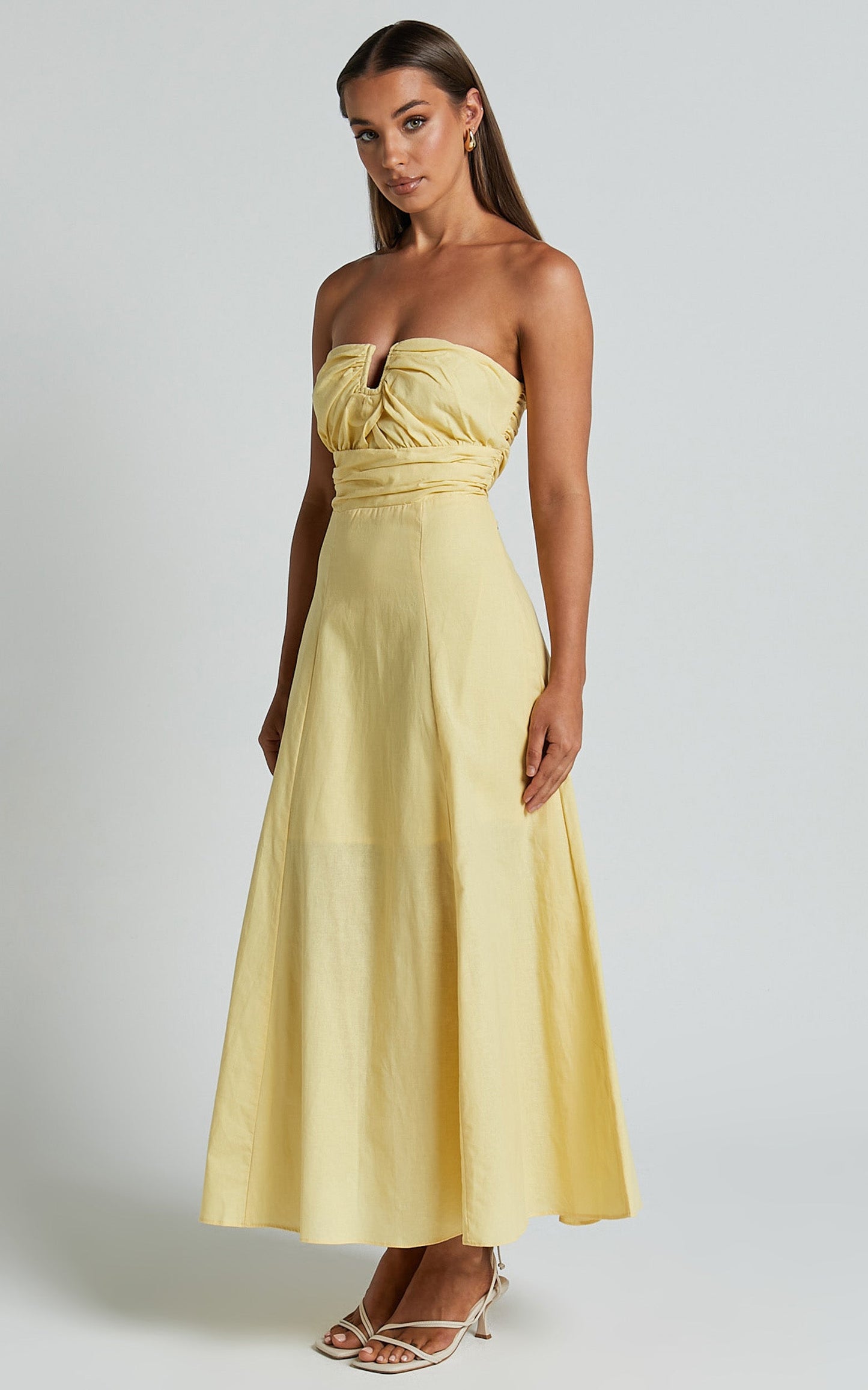 Rhiamay Midi Linen Blend Dress - Strapless Cut Out Front Fit and Flare Dress in Yellow
