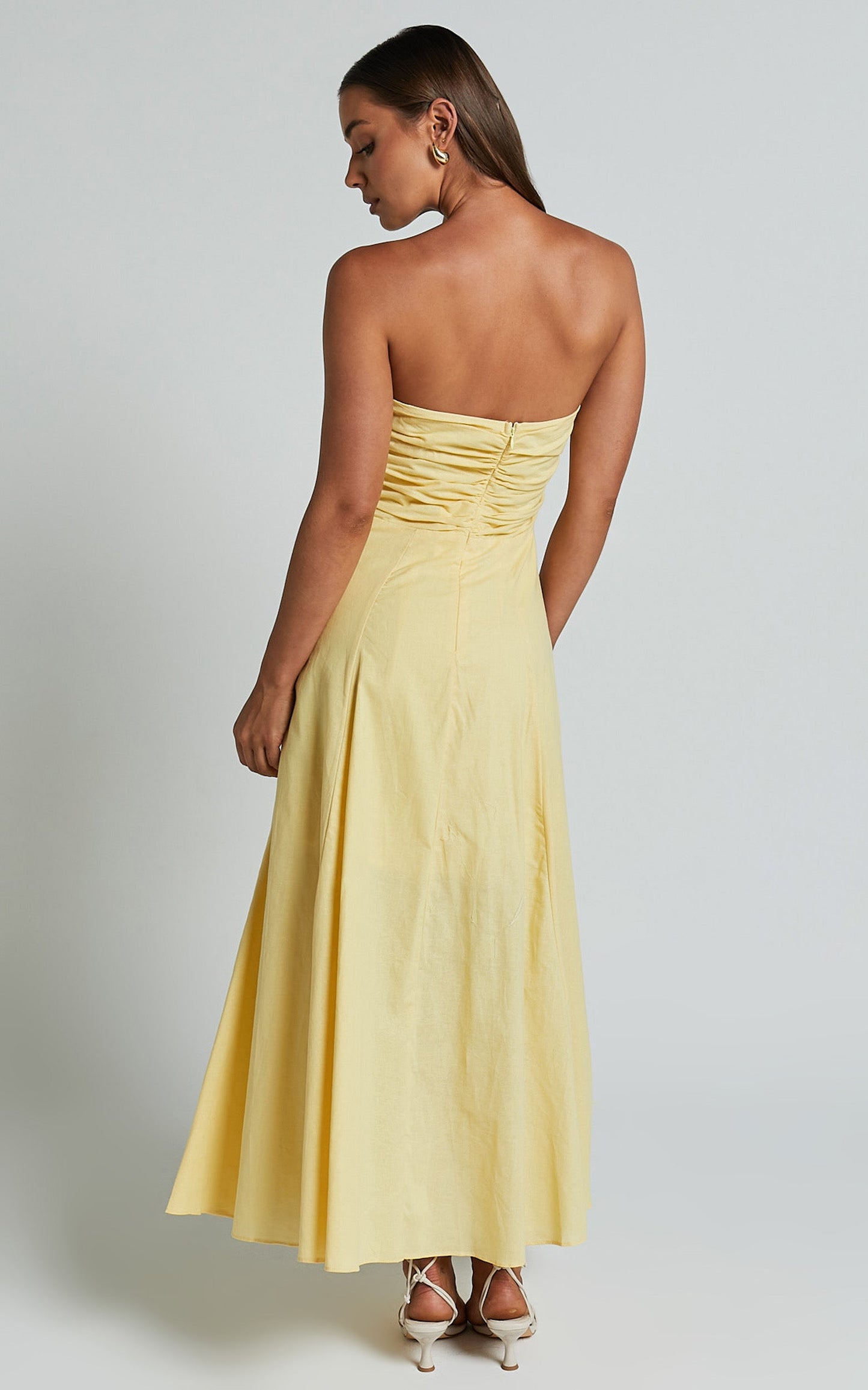 Rhiamay Midi Linen Blend Dress - Strapless Cut Out Front Fit and Flare Dress in Yellow