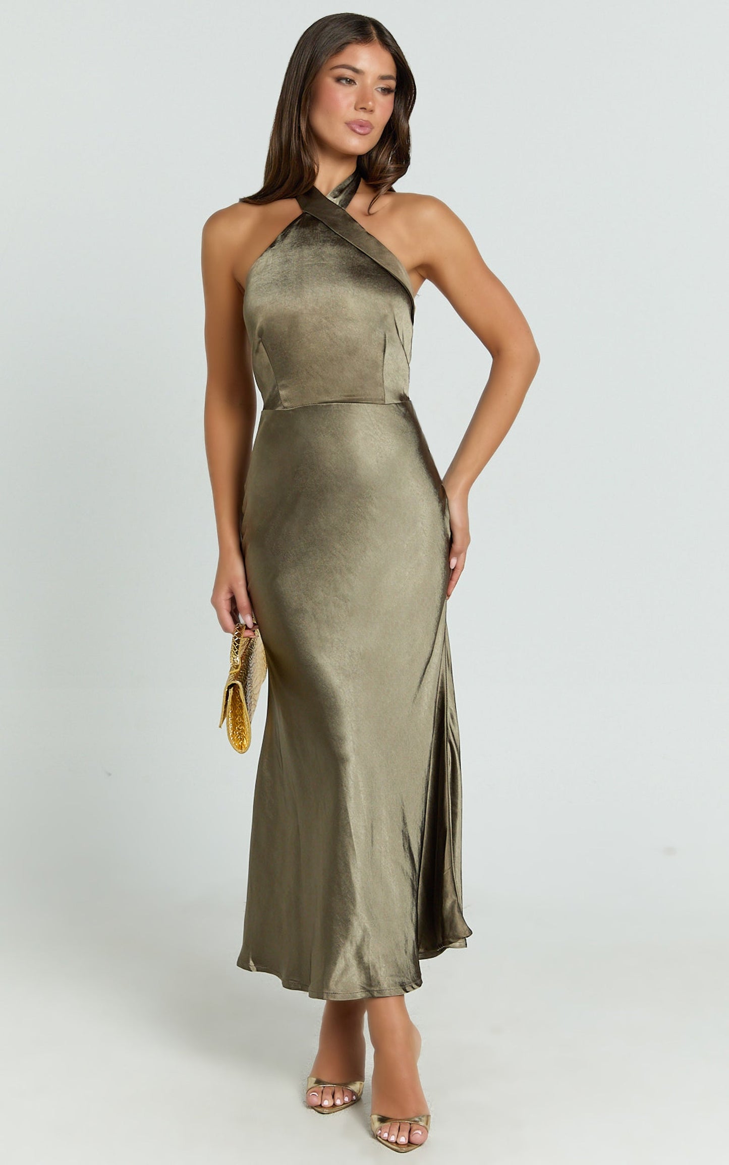 Rhianne Midi Dress - Twist Halter Neck Open Back Satin Dress in Olive