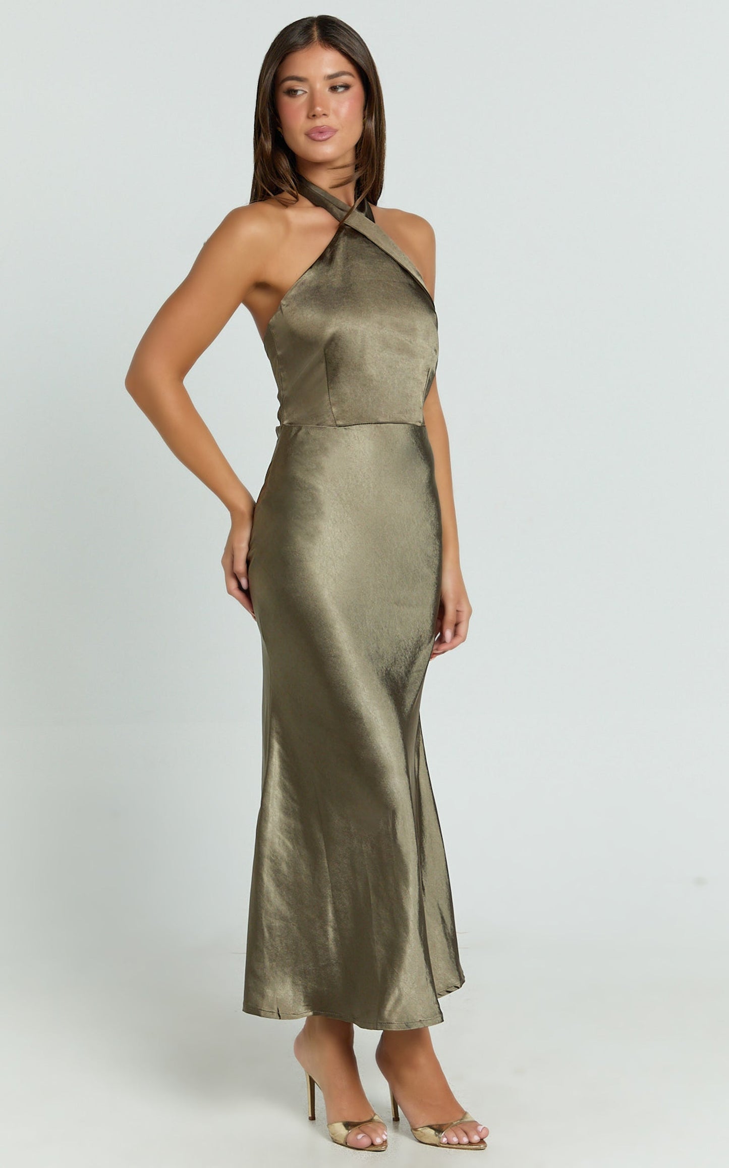 Rhianne Midi Dress - Twist Halter Neck Open Back Satin Dress in Olive