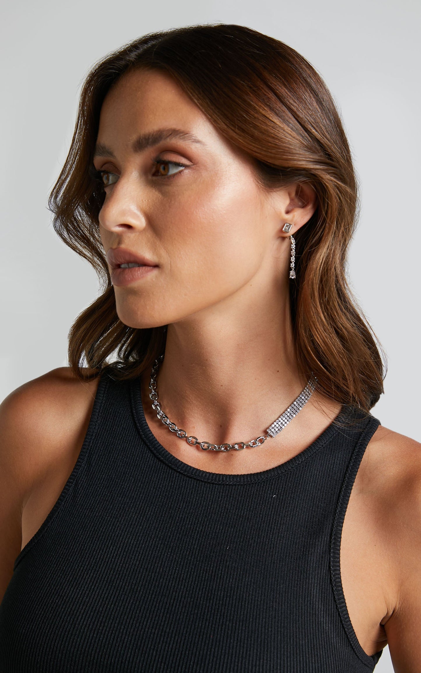 Rhianwen Necklace - Half Diamante Half Chain Necklace in Silver
