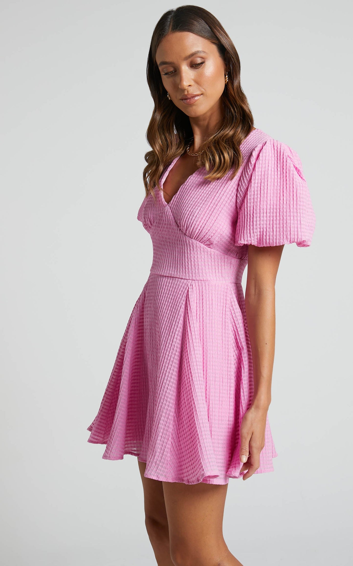 Rhonda Mini Dress - Puff Sleeve V Neck Panelled Dress in Light Pink
