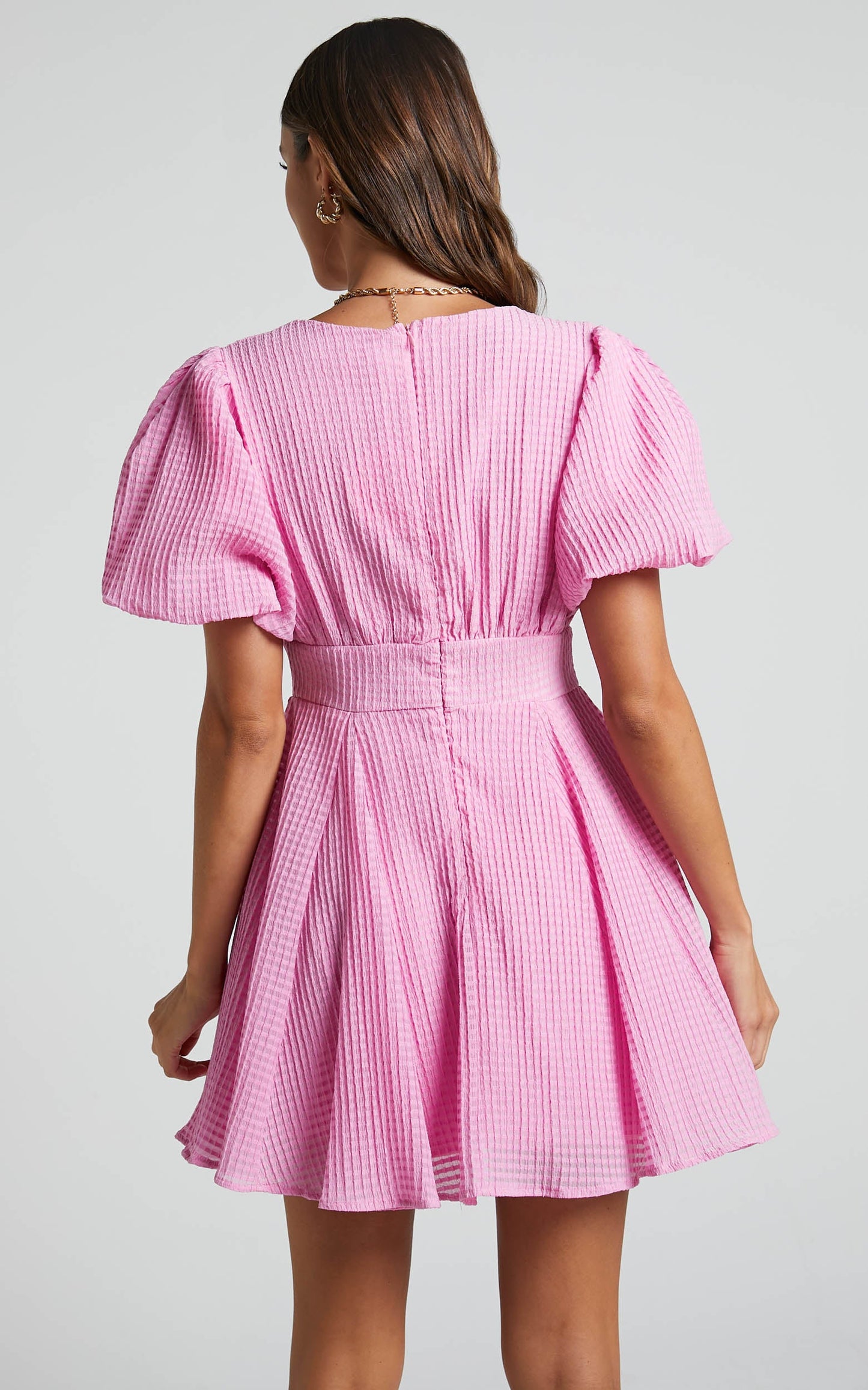 Rhonda Mini Dress - Puff Sleeve V Neck Panelled Dress in Light Pink