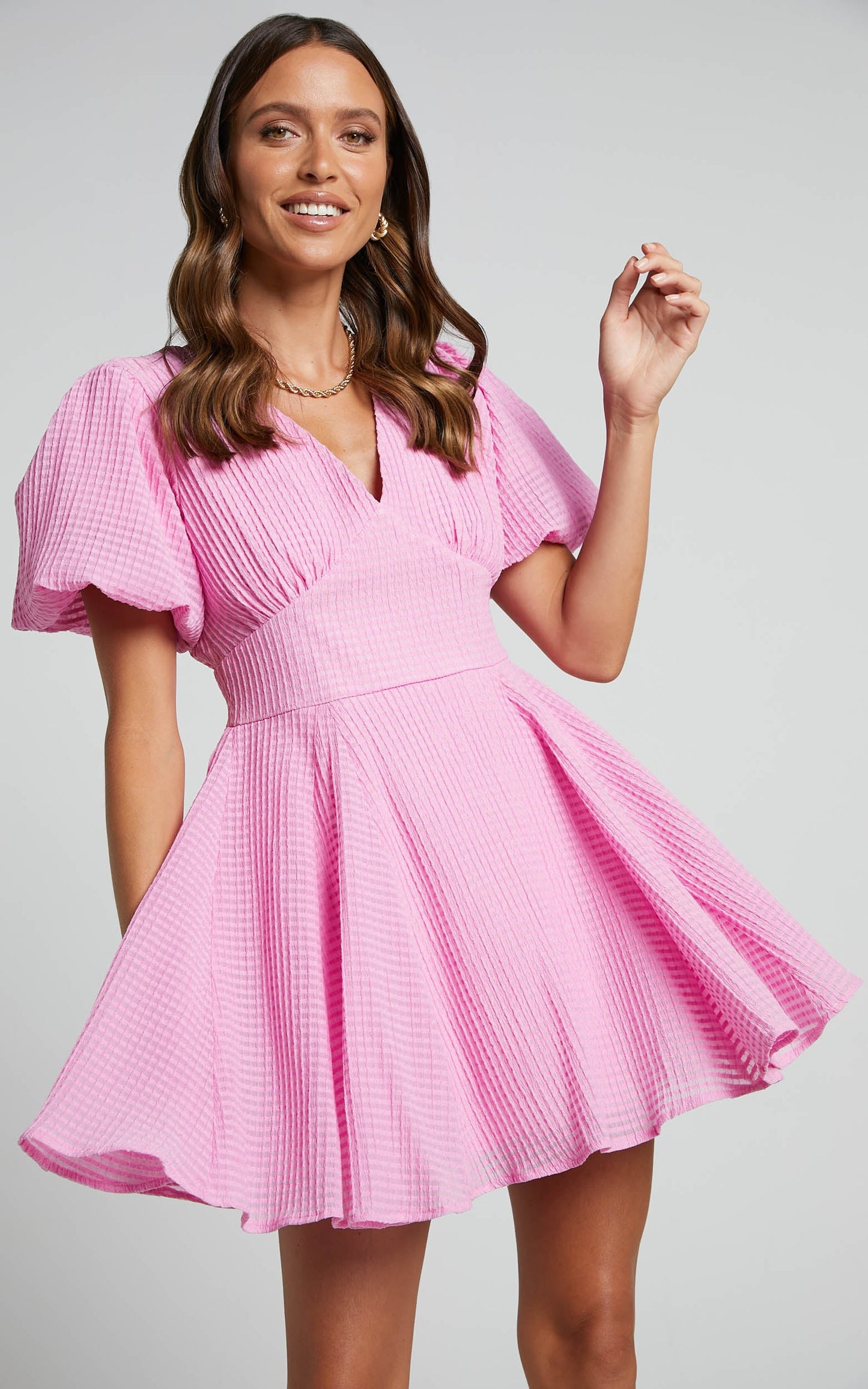 Rhonda Mini Dress - Puff Sleeve V Neck Panelled Dress in Light Pink