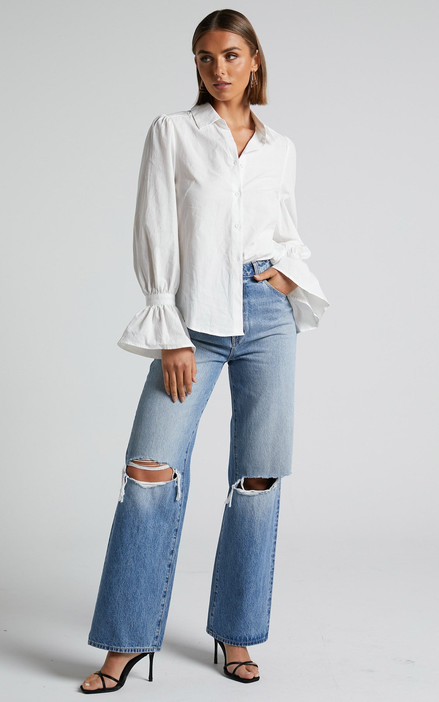 Riggie Shirt - Button Up Flared Sleeve Cotton Shirt in White