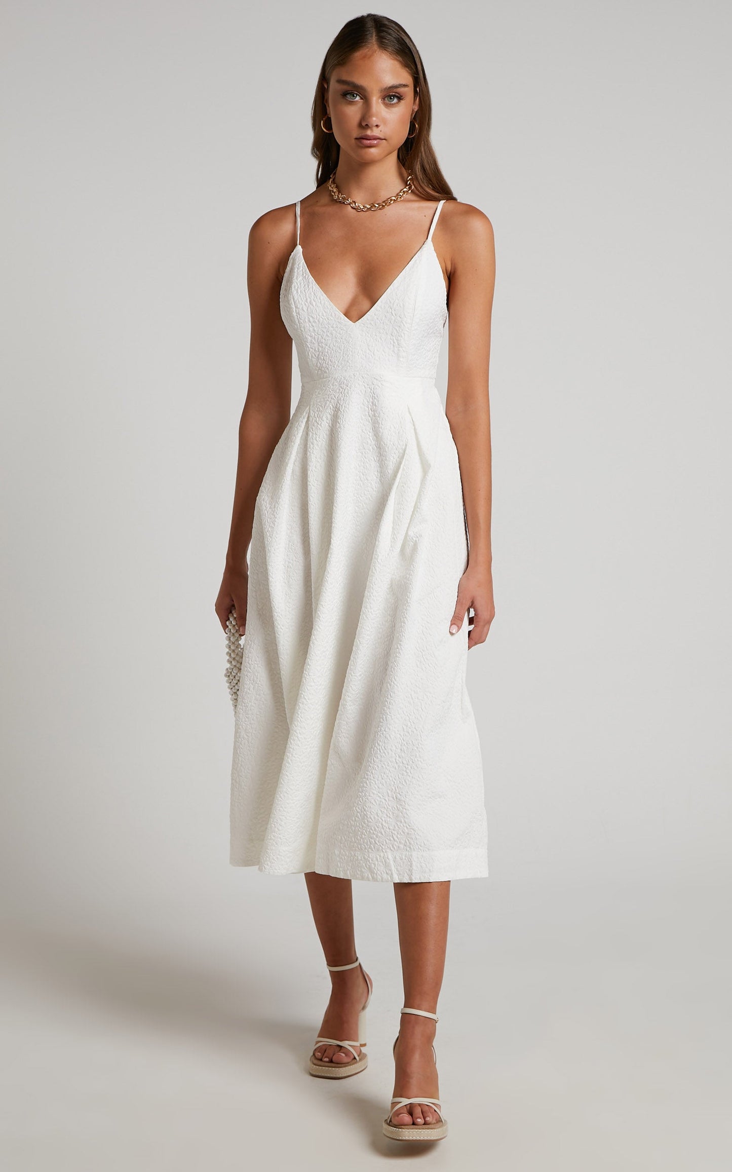 Rikardy Midi Dress - Plunge Fit And Flare Dress in White Floral Texture