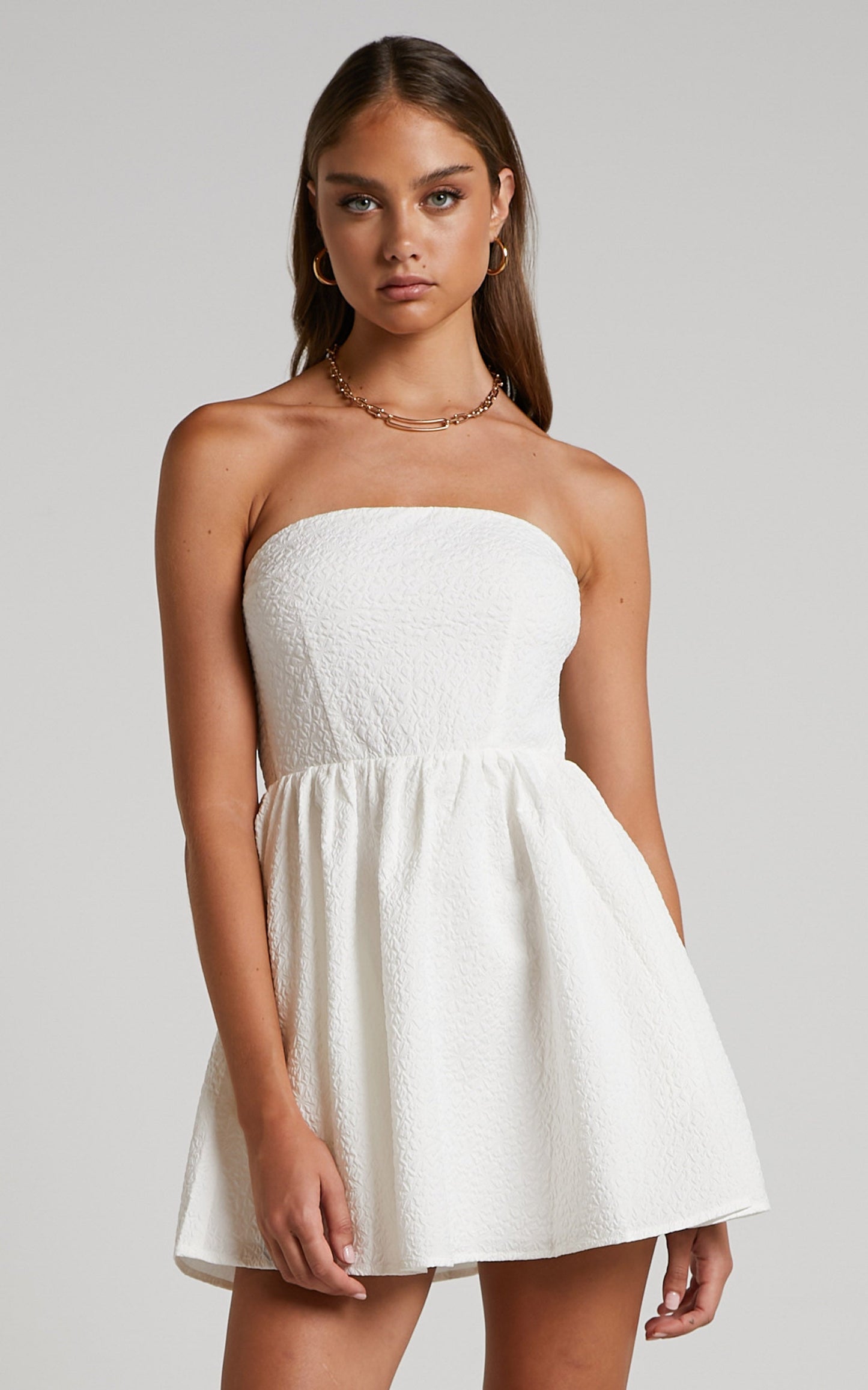 Rikardy Mini Dress - Strapless Fit And Flare Dress in White Floral Texture