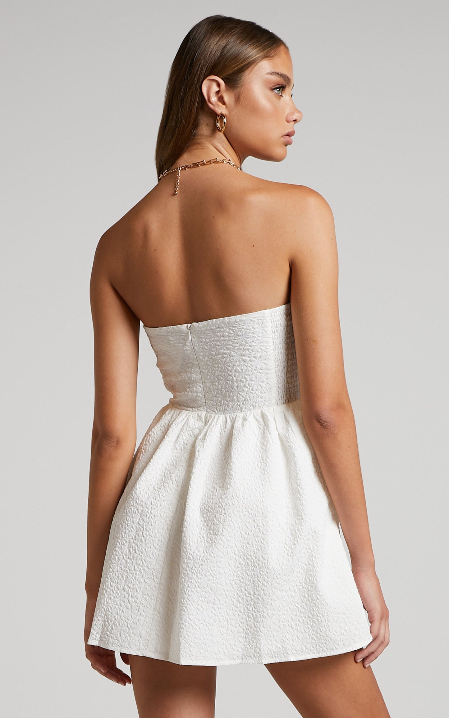 Rikardy Mini Dress - Strapless Fit And Flare Dress in White Floral Texture