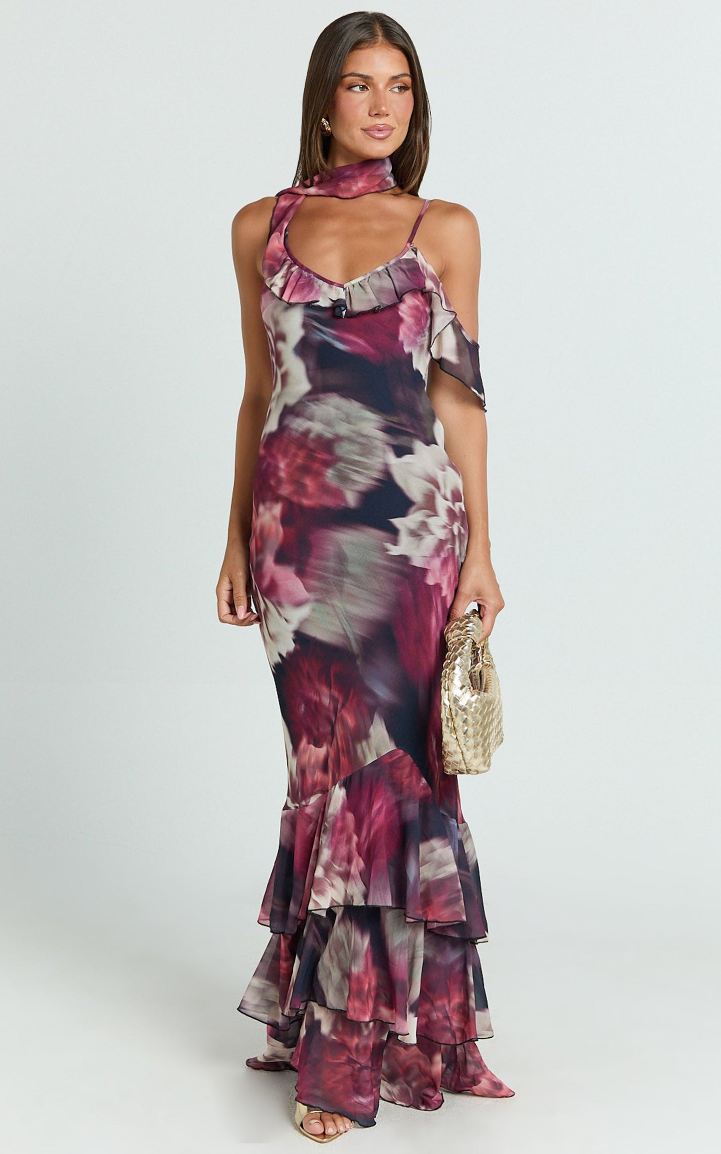 Riley Maxi Dress - Asymmetric Ruffle Detail Maxi Dress in Mariache Rose
