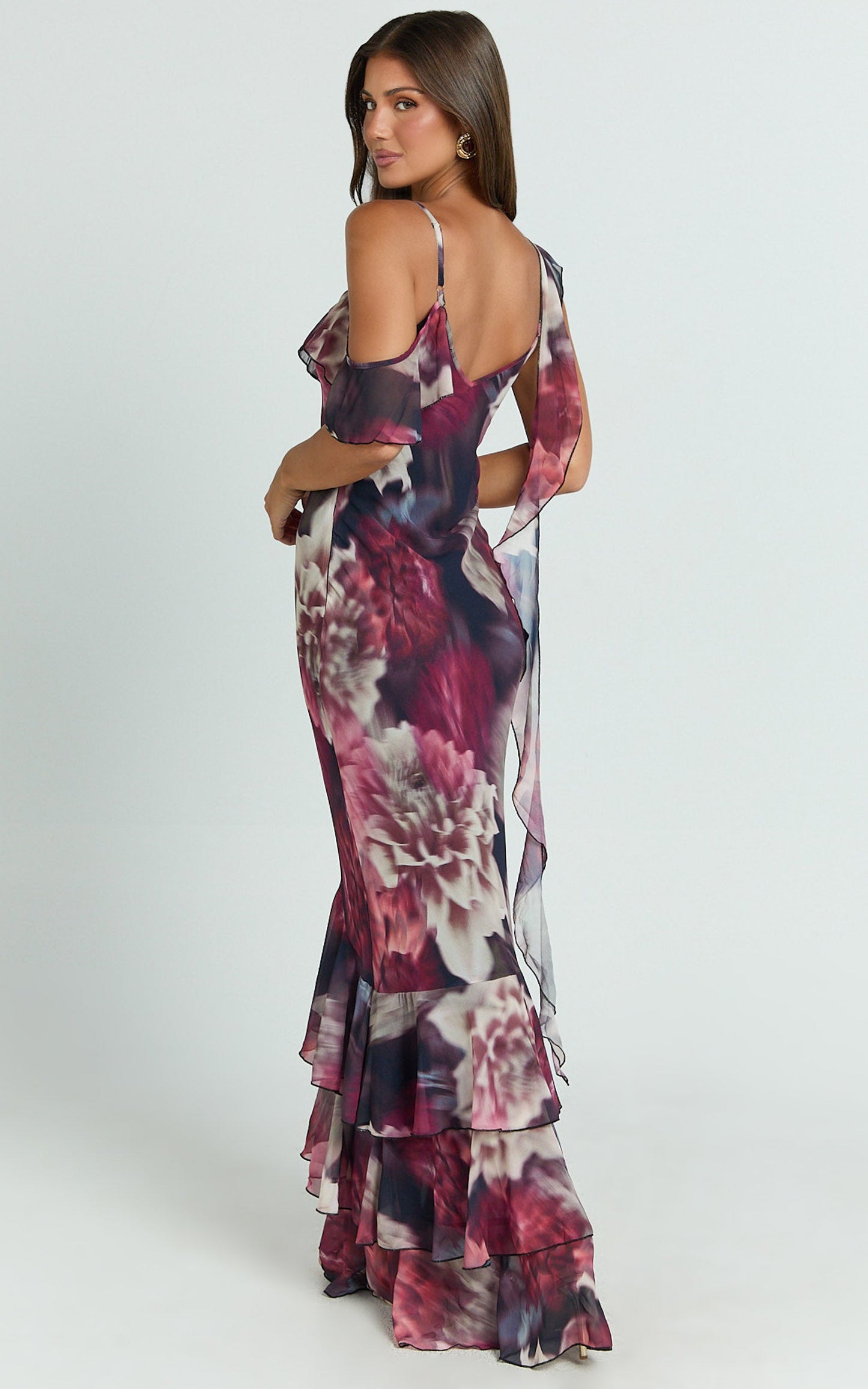 Riley Maxi Dress - Asymmetric Ruffle Detail Maxi Dress in Mariache Rose