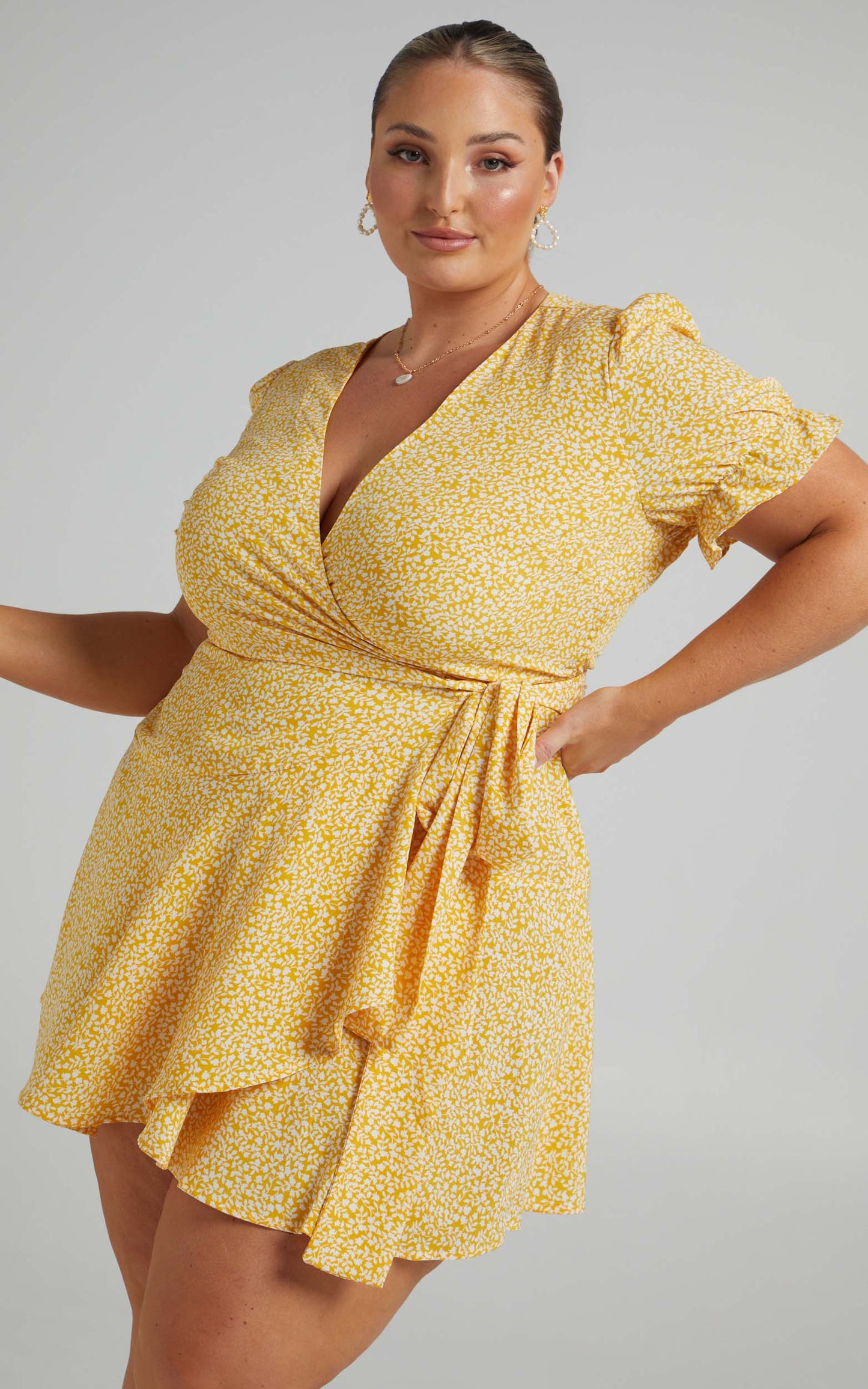 Azelle Mini Dress - Wrap Dress in Yellow Floral