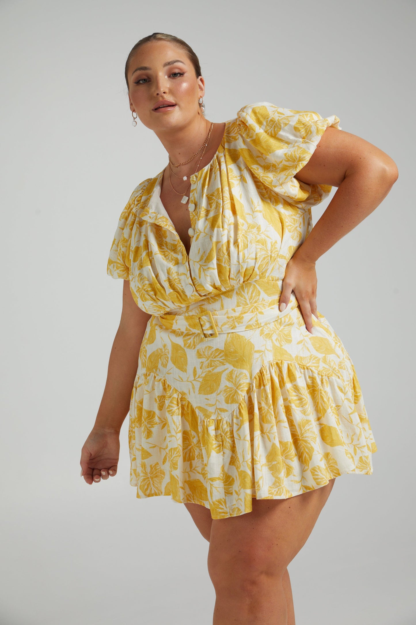 Lindie Mini Dress with Short Balloon Sleeves and Belt in Yellow Floral
