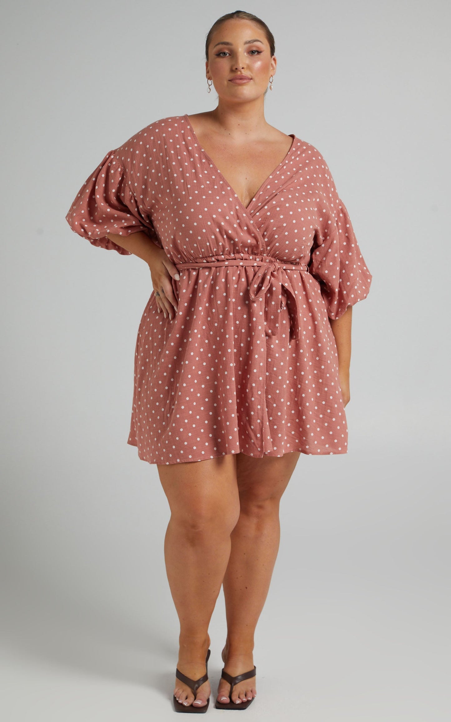 Steffany Mini Dress - Wrap Style Dress in Dusty Pink Spot
