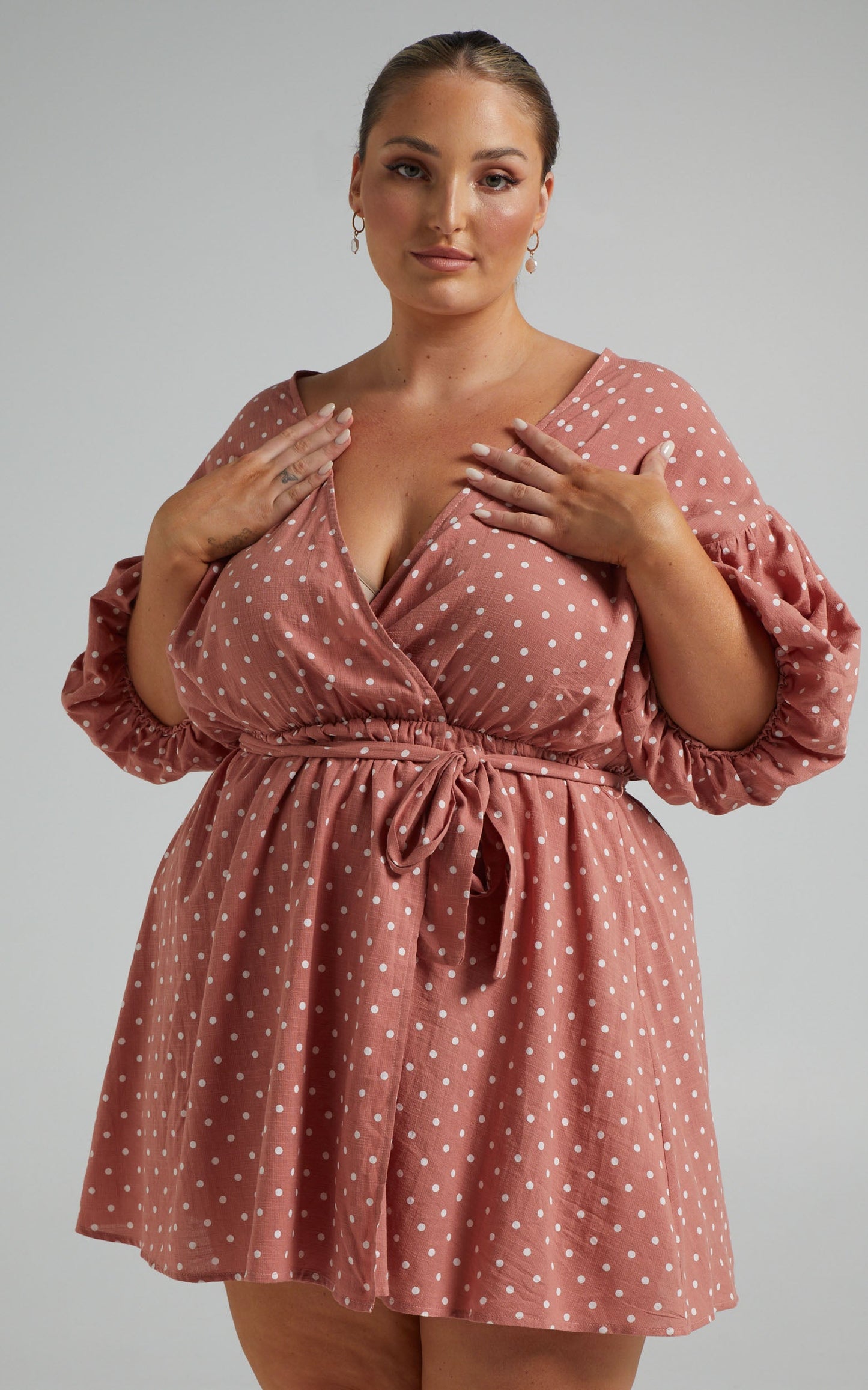 Steffany Mini Dress - Wrap Style Dress in Dusty Pink Spot
