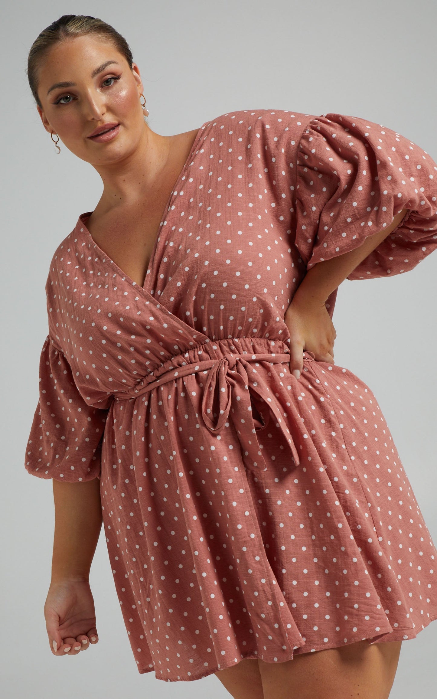 Steffany Mini Dress - Wrap Style Dress in Dusty Pink Spot