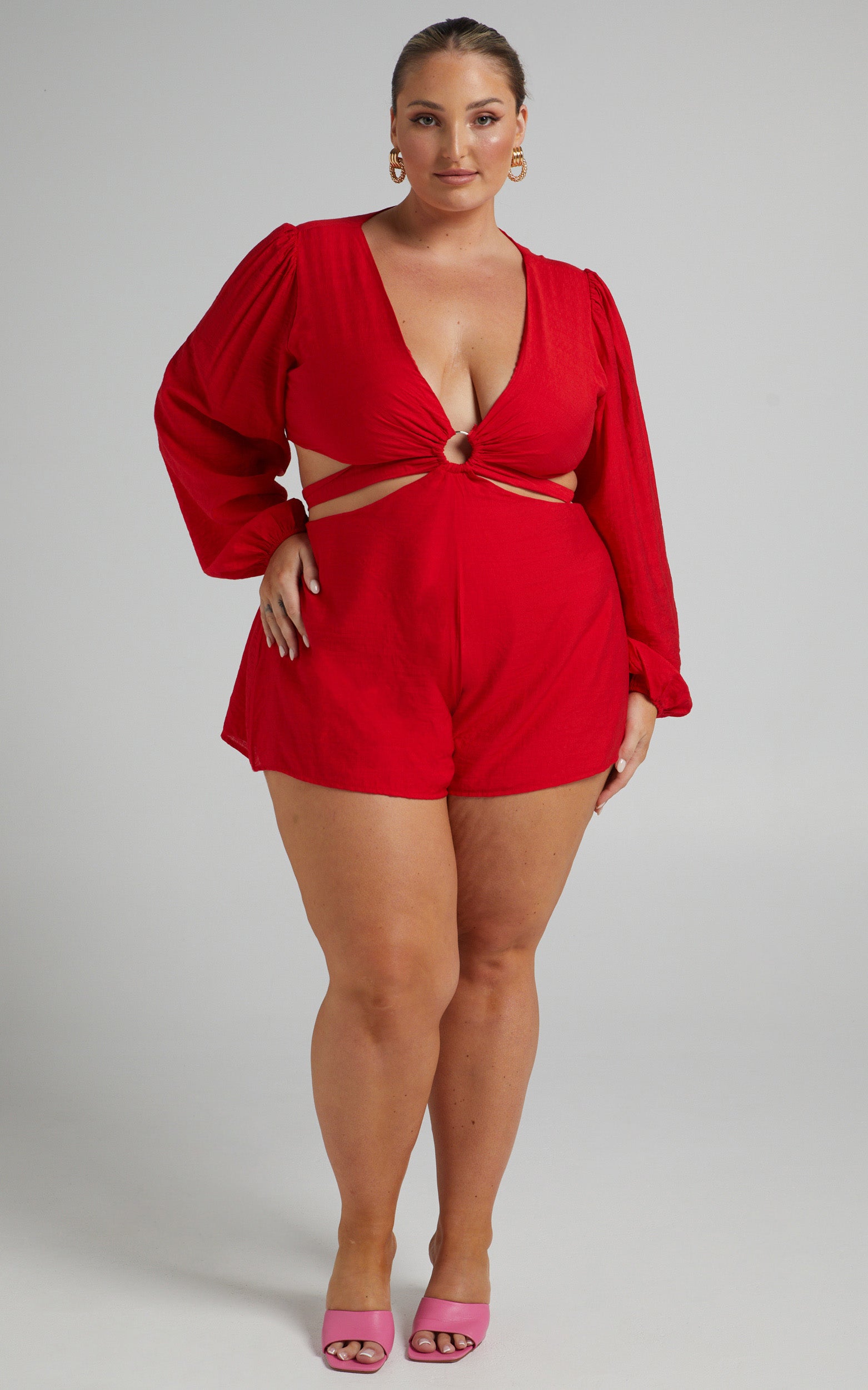 Primrose Cut Out Tie Back Long Sleeve Playsuit in Red