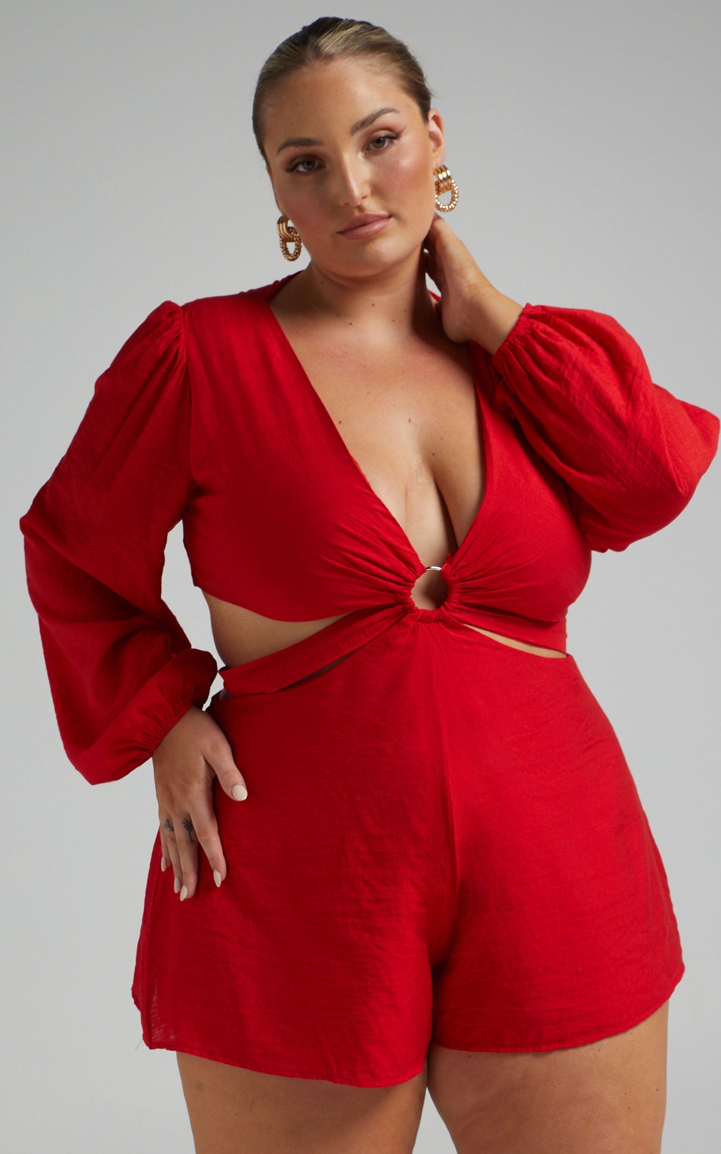 Primrose Cut Out Tie Back Long Sleeve Playsuit in Red