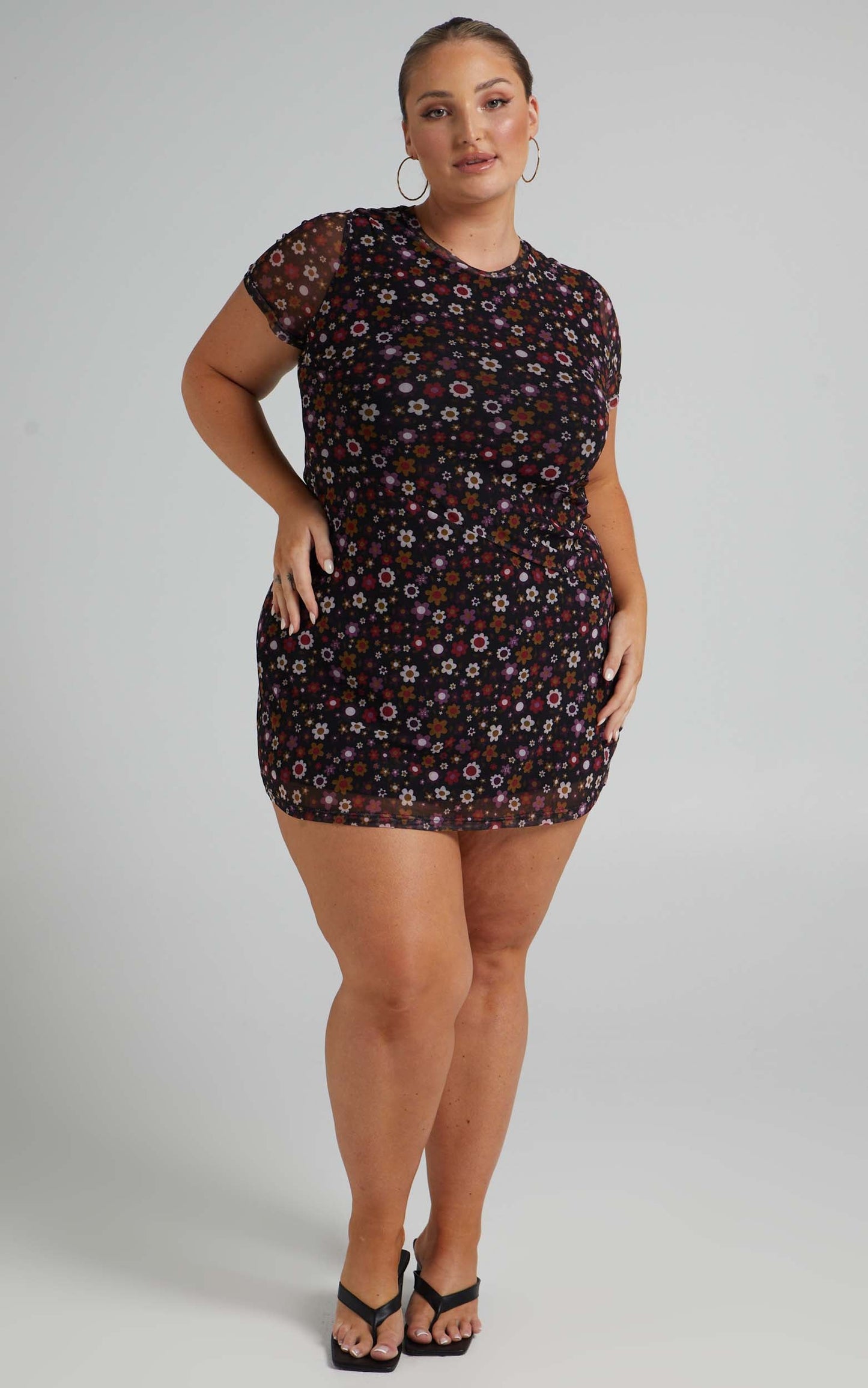 Presilla Short Sleeve Mesh Mini Dress in Black Floral