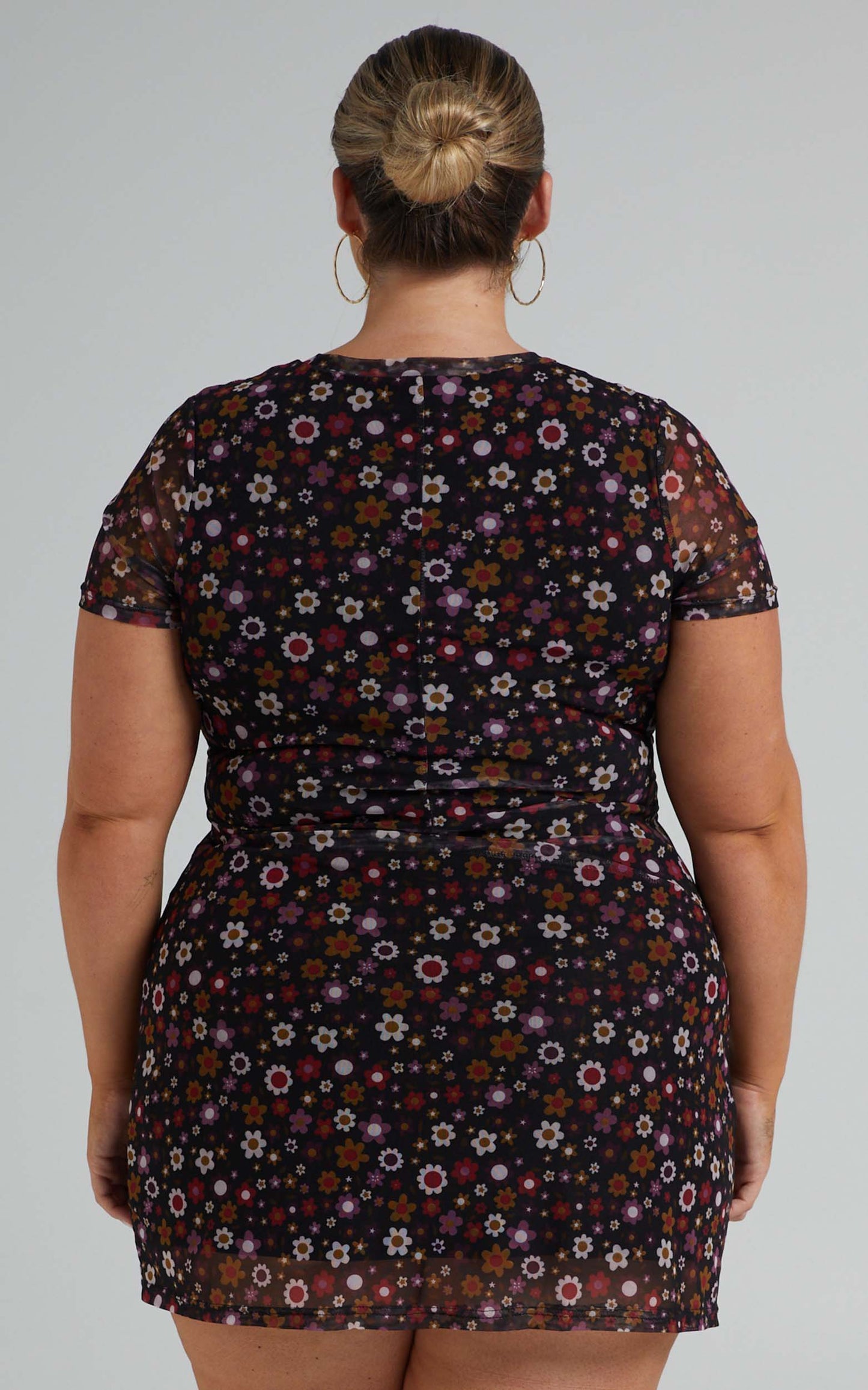Presilla Short Sleeve Mesh Mini Dress in Black Floral