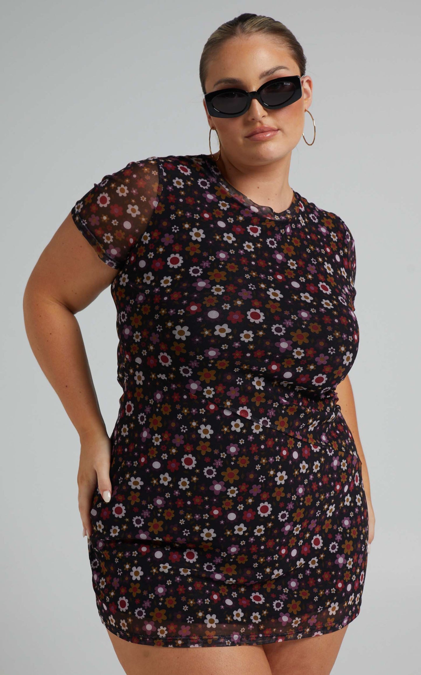 Presilla Short Sleeve Mesh Mini Dress in Black Floral