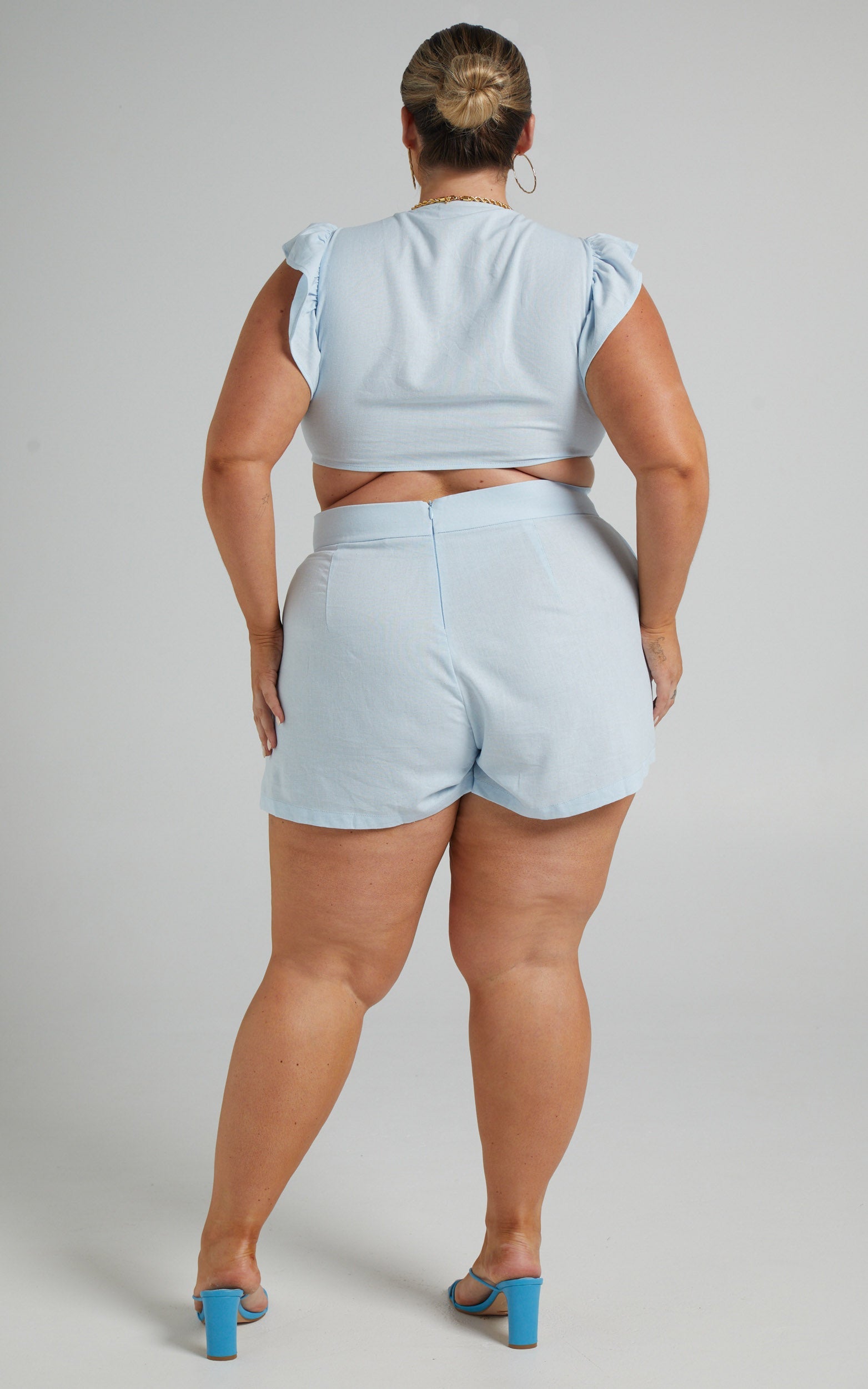 Arcaja Two Piece Short Set with Frill Sleeve Crop Top In Linen in Light Blue Linen Look