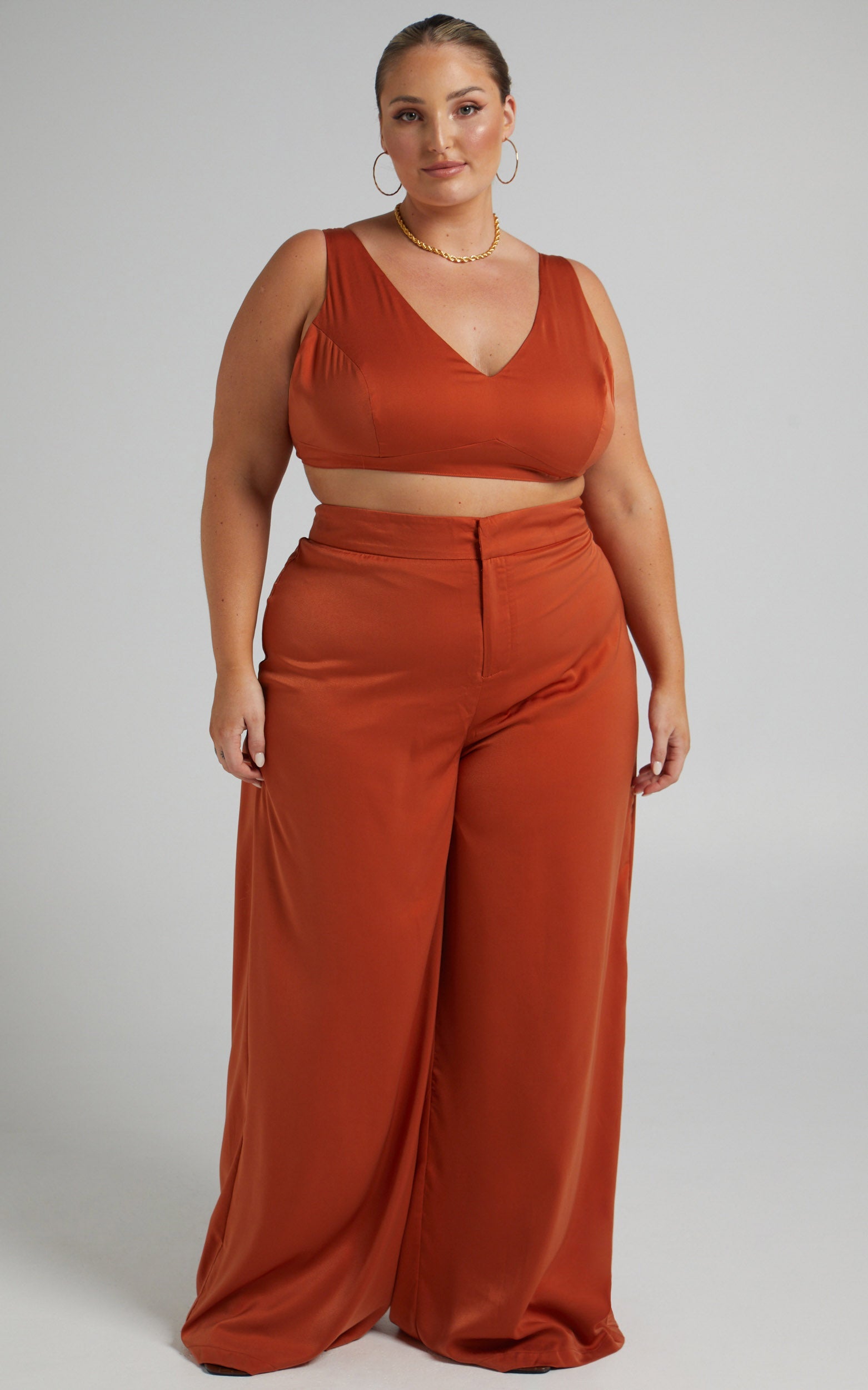 Alexandra Two Piece Pant Set in Rust Satin