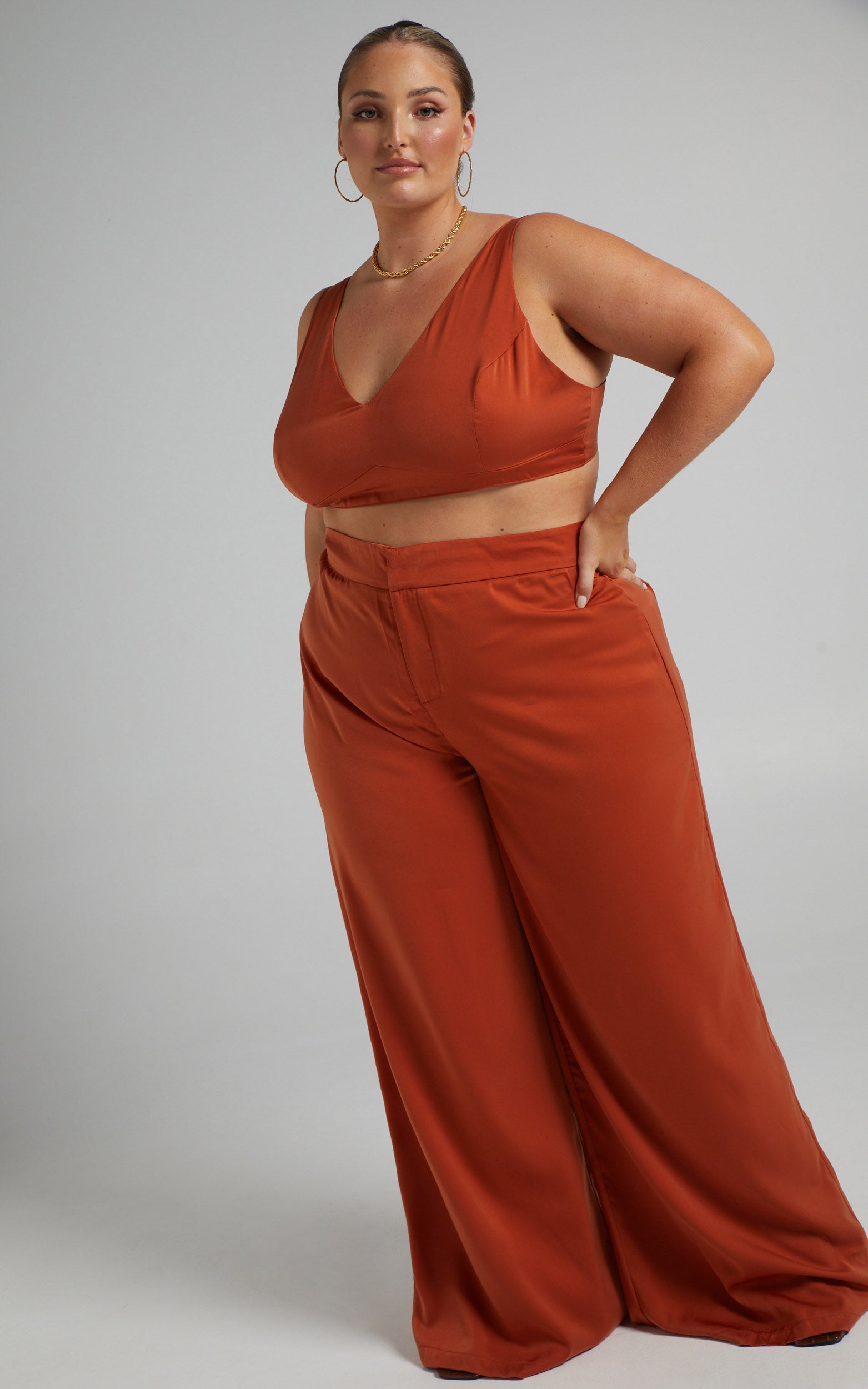 Alexandra Two Piece Pant Set in Rust Satin