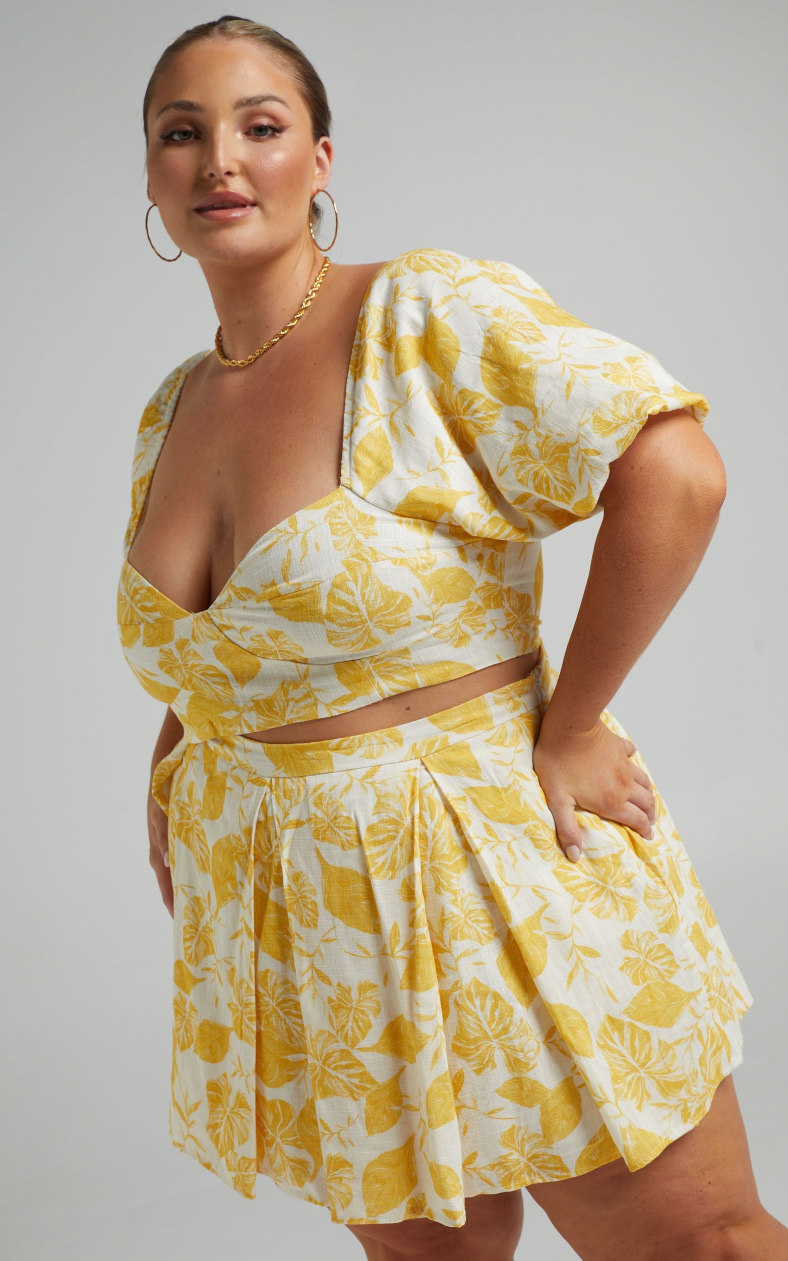 Keshini Two Piece Set - Linen Look Crop Top and Mini Skirt in Yellow Leaf