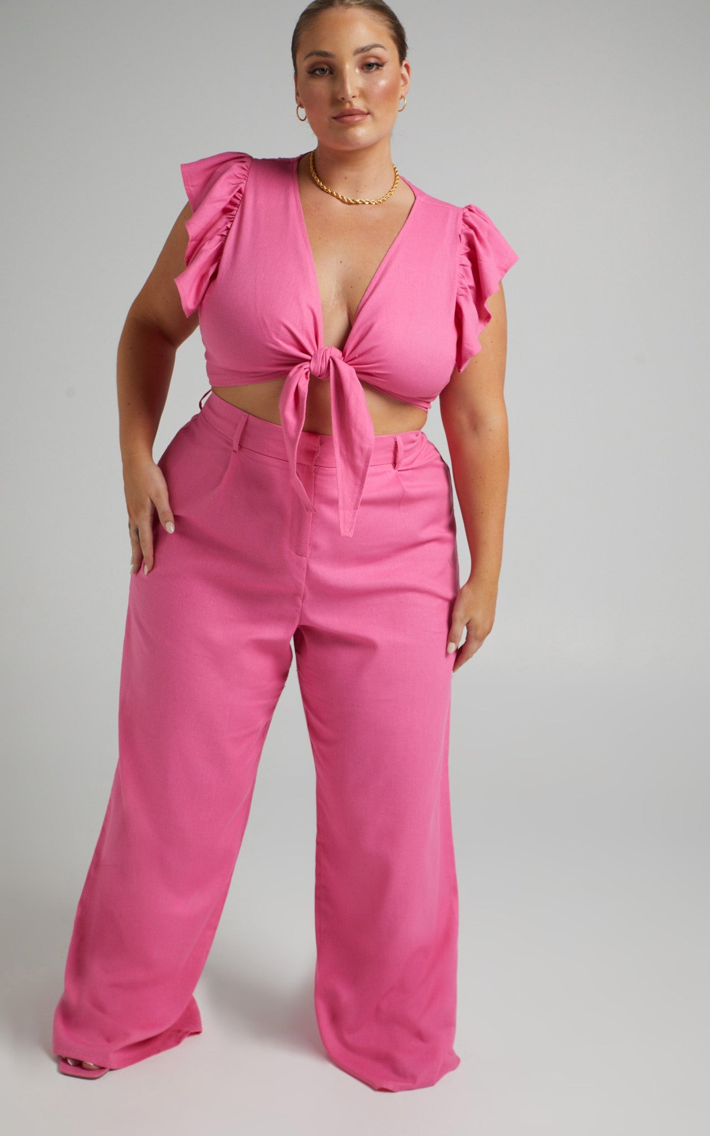 Lita Tie Front Two Piece Linen Blend Set in Pink