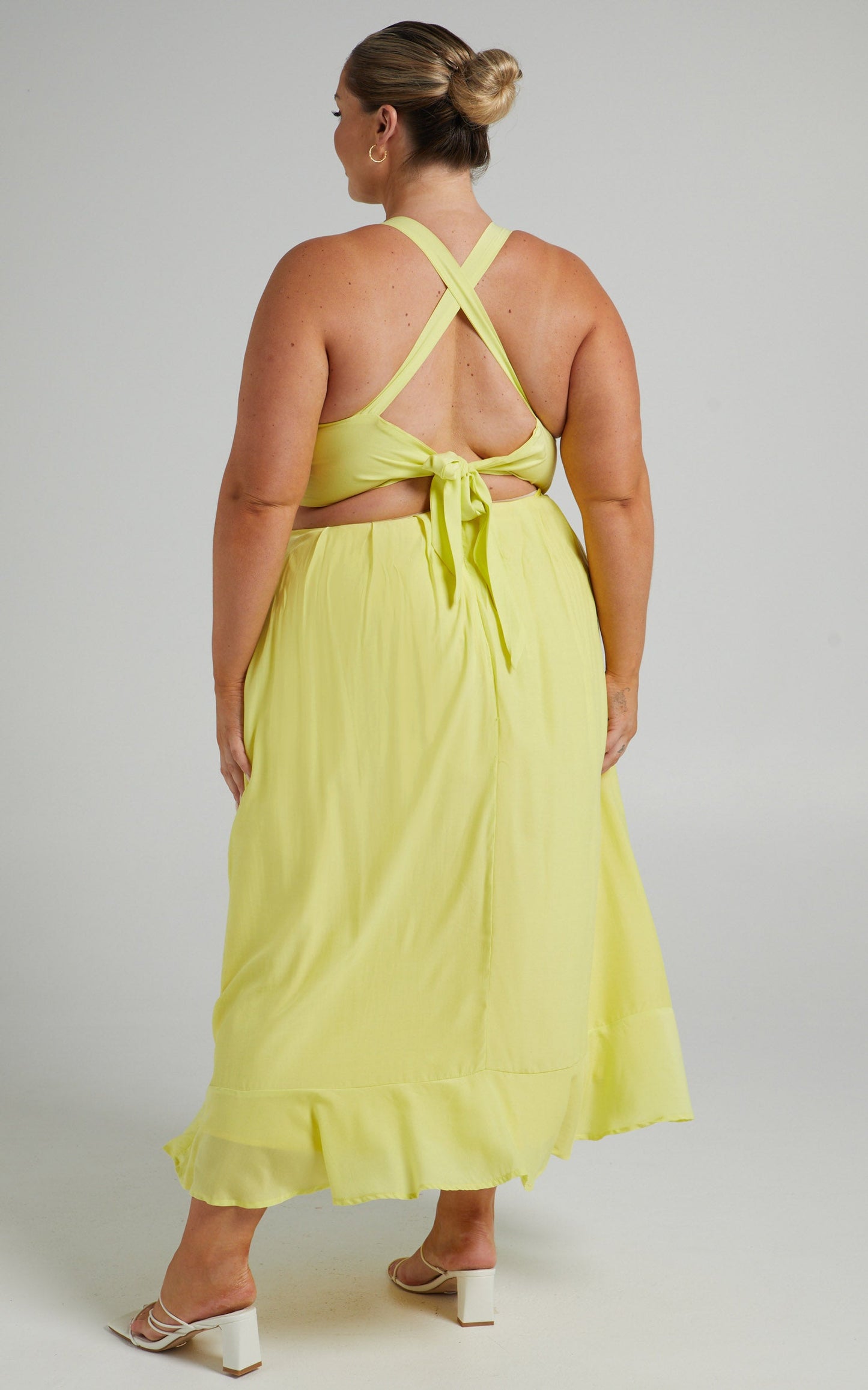 Leontine Midi Dress with Tie Up Back in Lemon