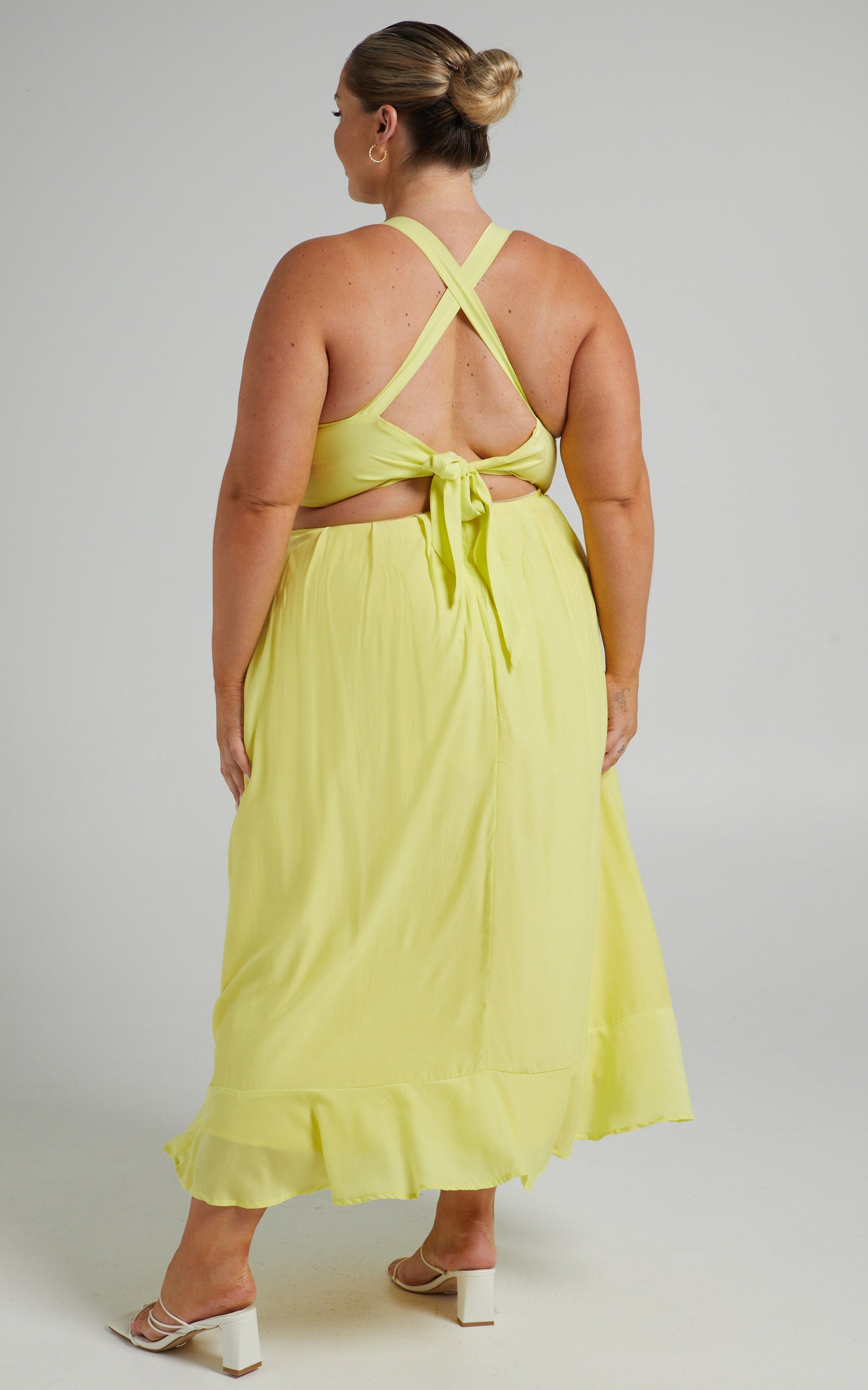 Leontine Midi Dress with Tie Up Back in Lemon