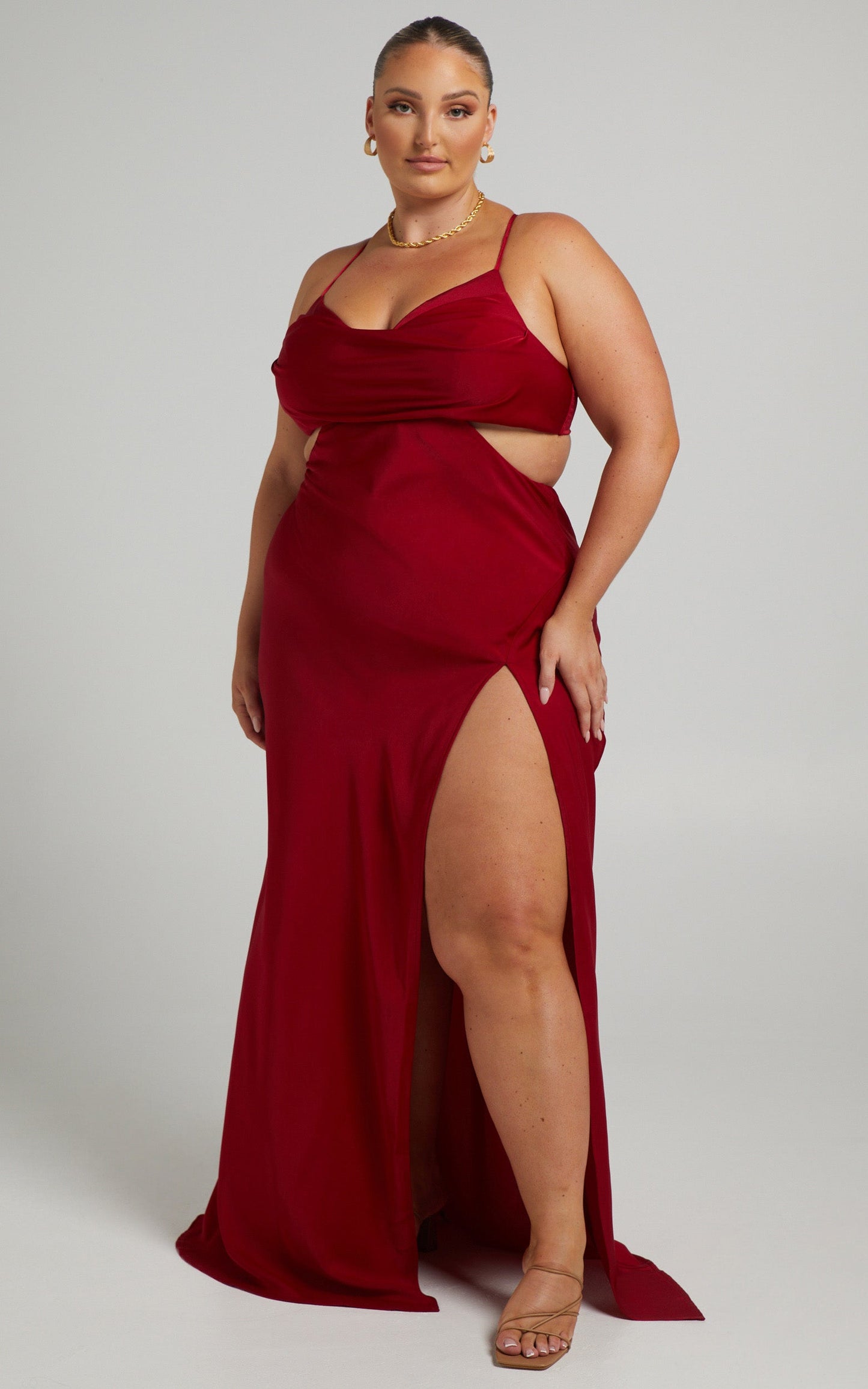 Sophie Maxi Dress - Cowl Neck Cross Back Dress in Red