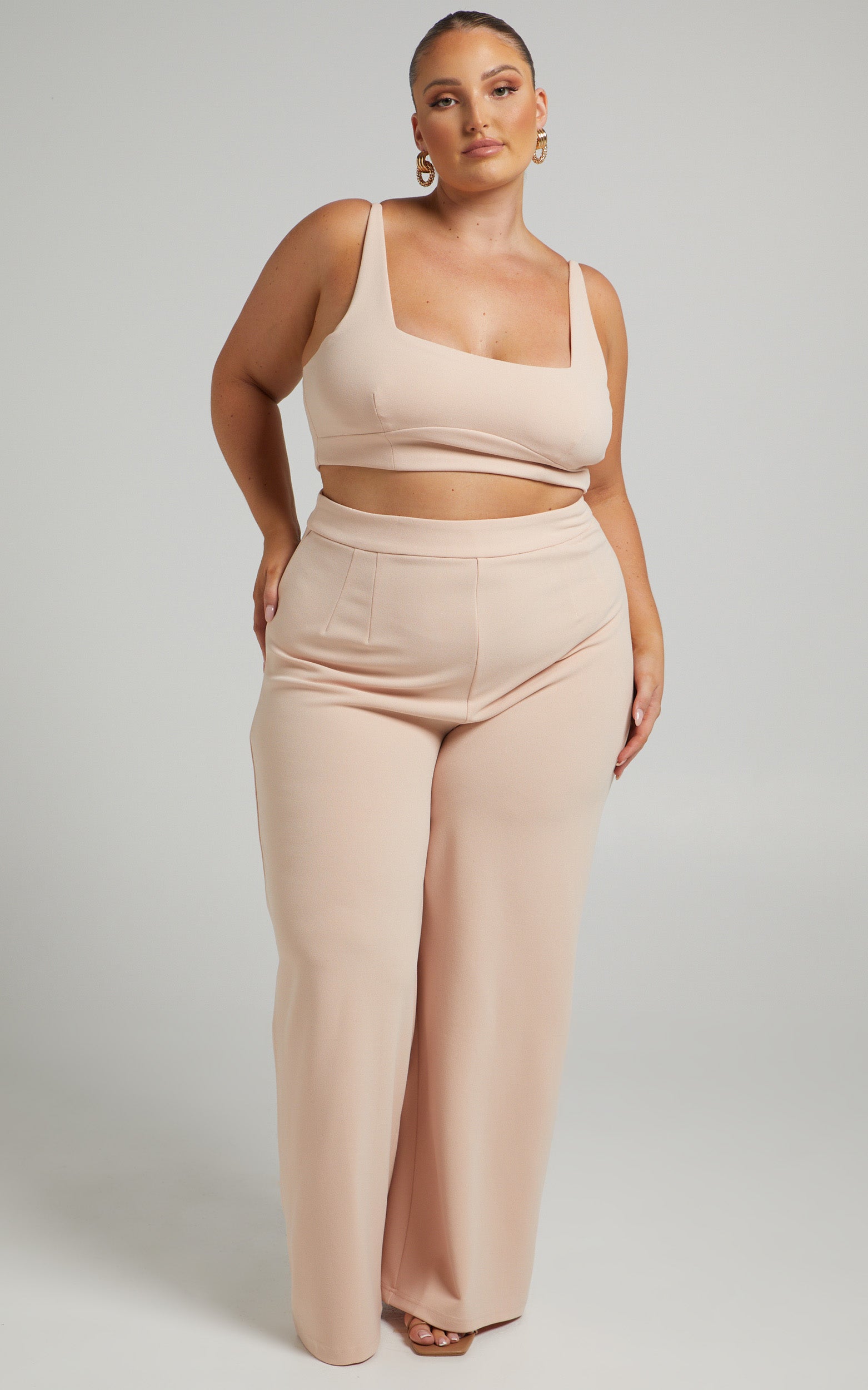 Elibeth Two Piece Set - Crop Top and High Waisted Wide Leg Pants Set in Beige
