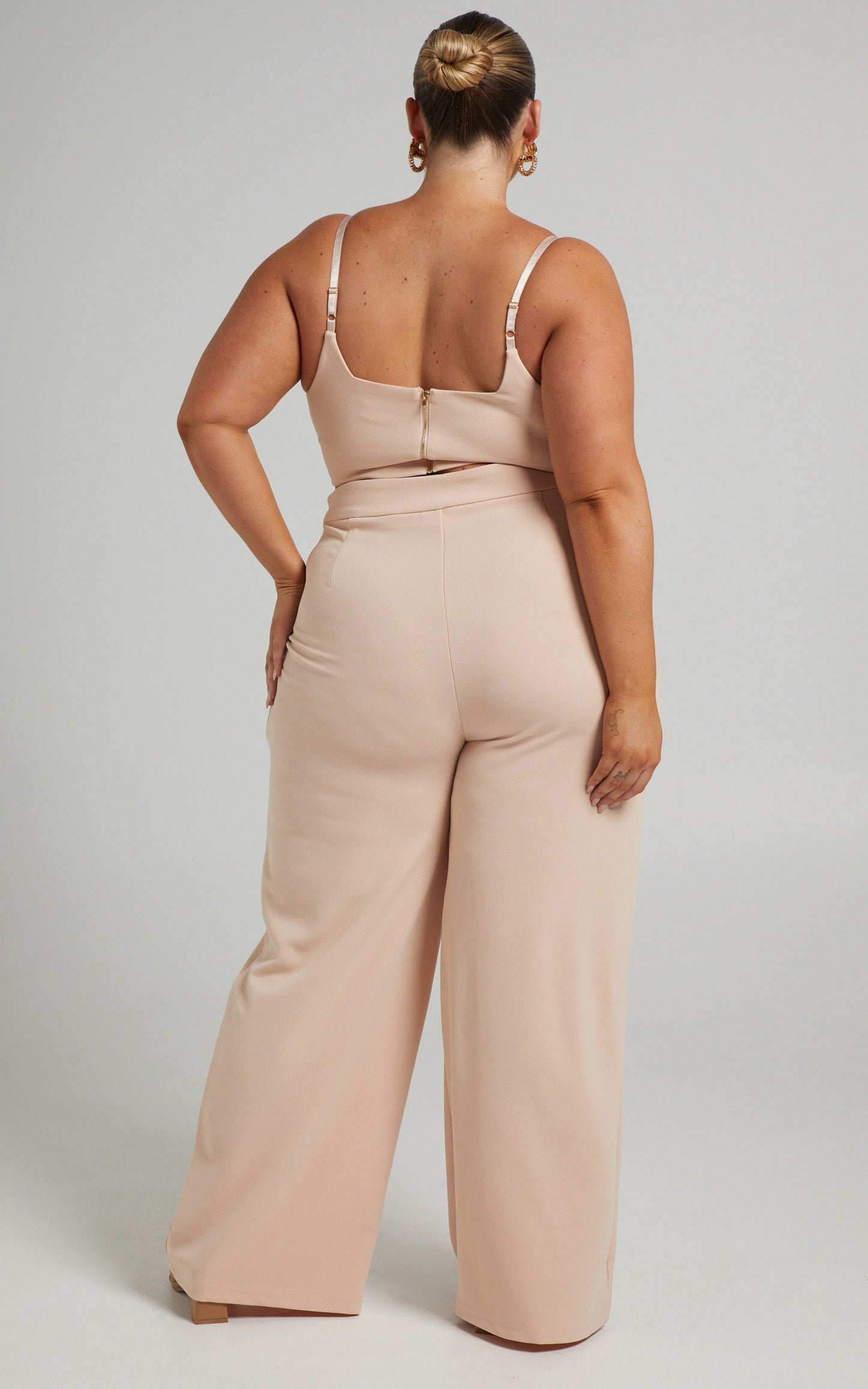 Elibeth Two Piece Set - Crop Top and High Waisted Wide Leg Pants Set in Beige