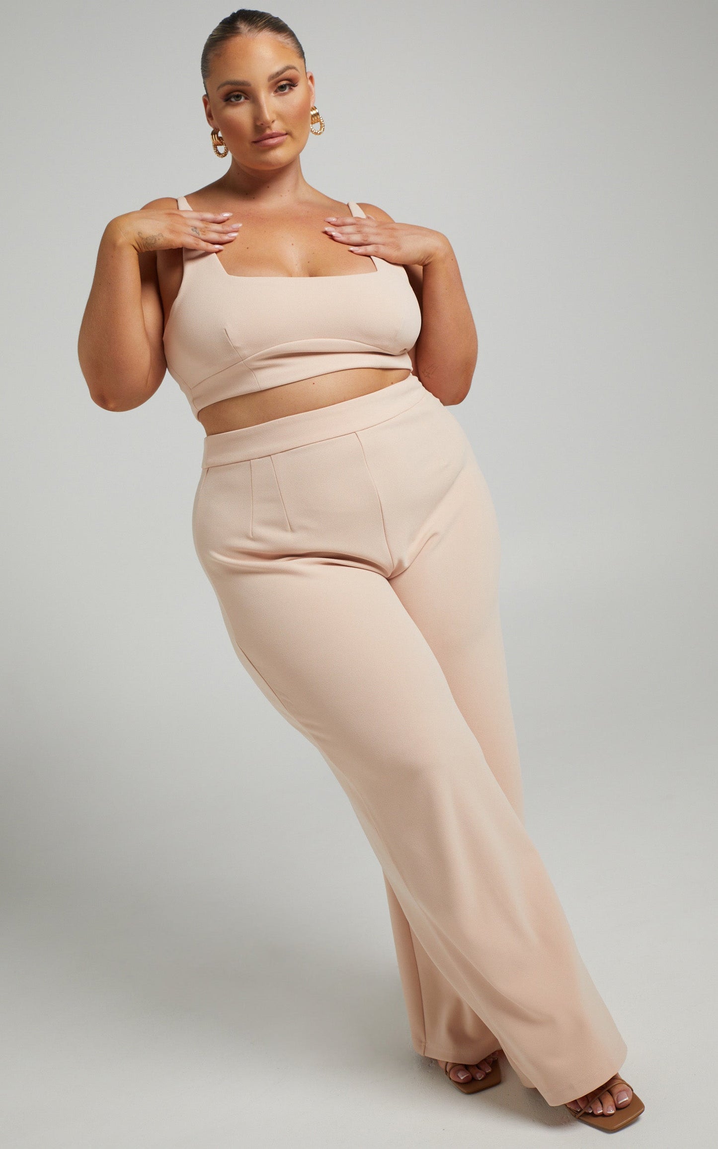 Elibeth Two Piece Set - Crop Top and High Waisted Wide Leg Pants Set in Beige
