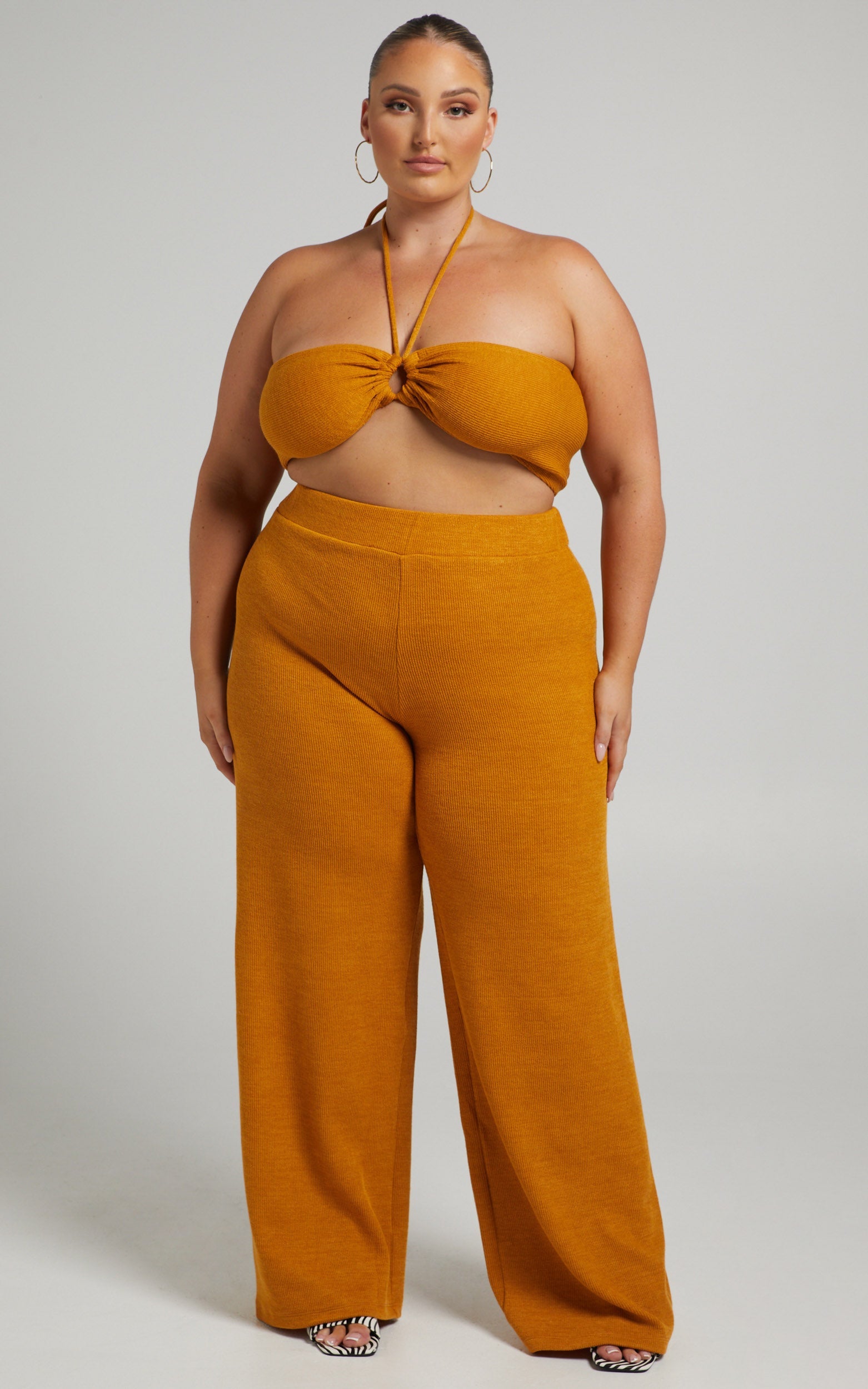 Juliann Knit Two Piece Pant Set with Crop Top in Marigold