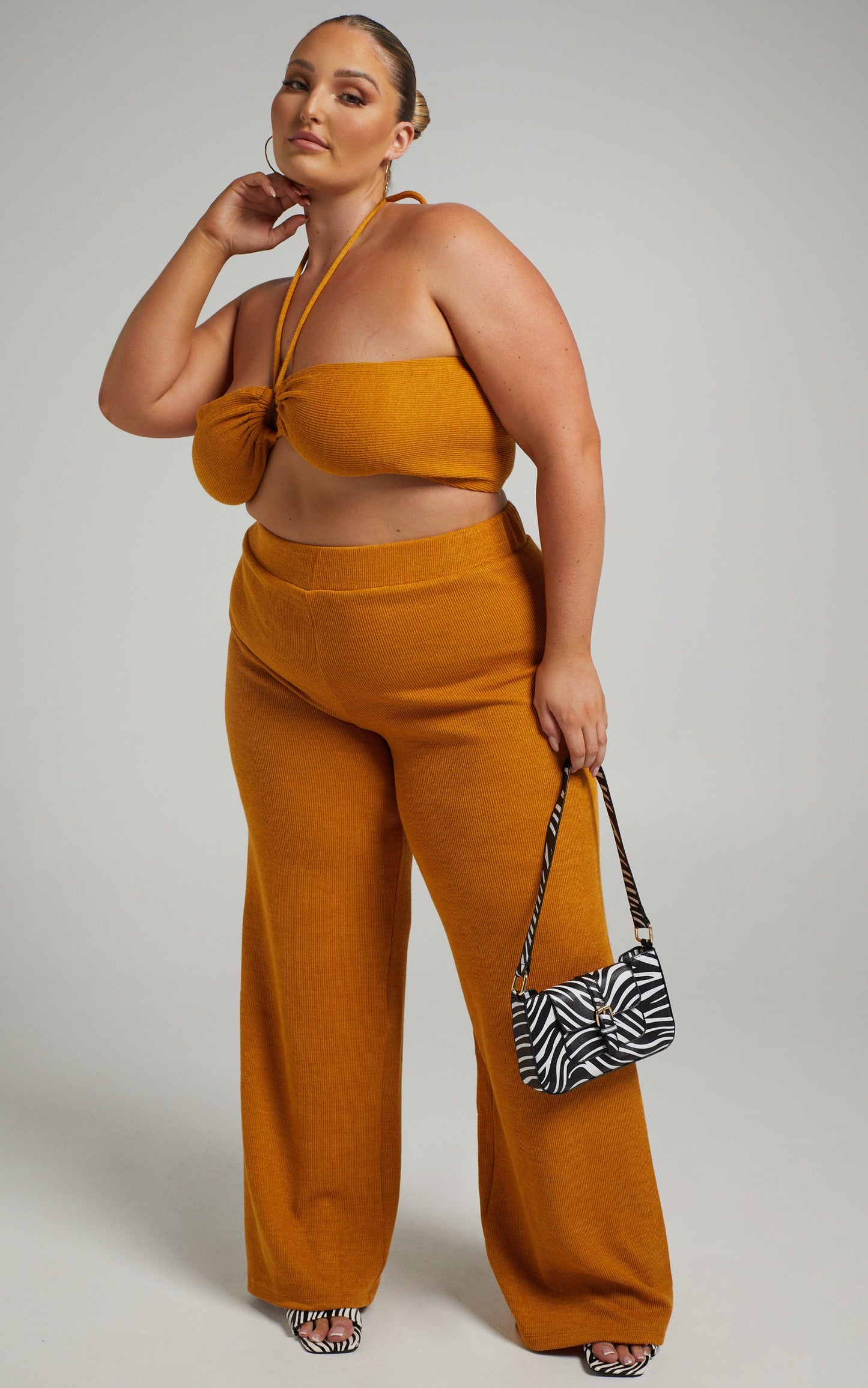 Juliann Knit Two Piece Pant Set with Crop Top in Marigold