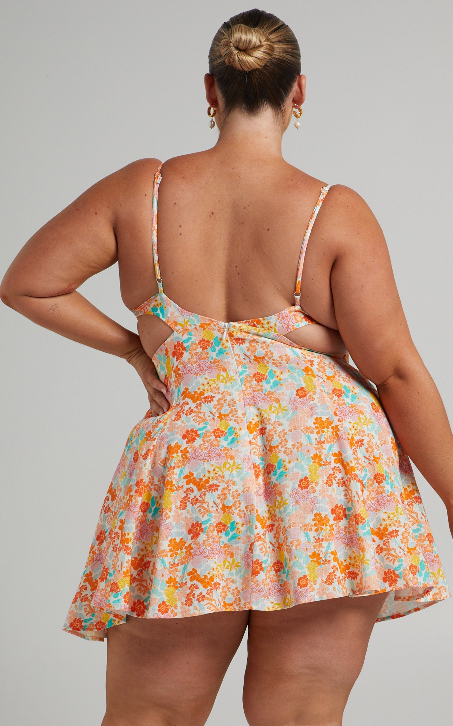 Carlotta Mini Dress - Linen Strappy Cut Out Dress in Tequila Sunrise