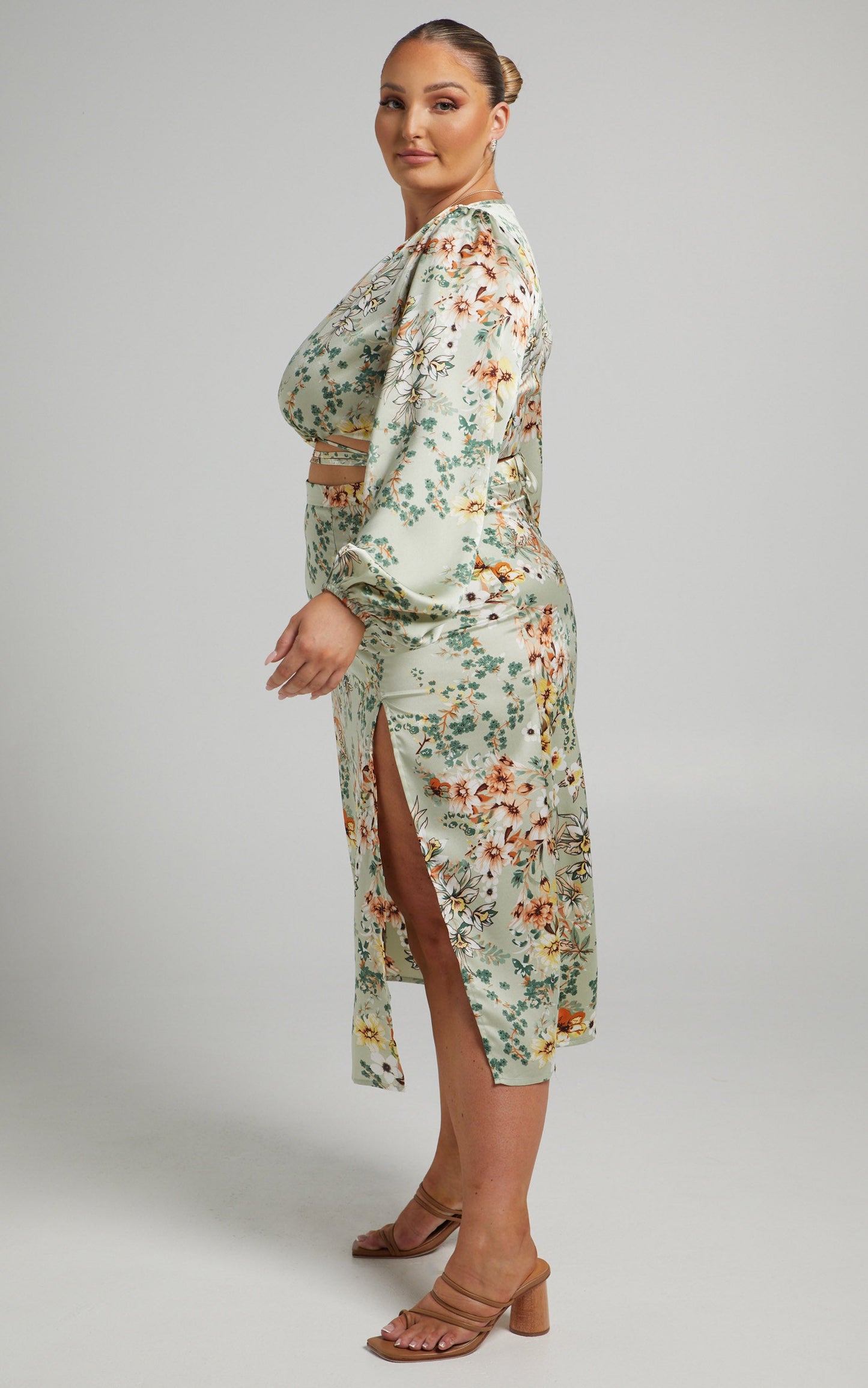 Sheree Side Split Midi Slip Skirt in Sage Floral